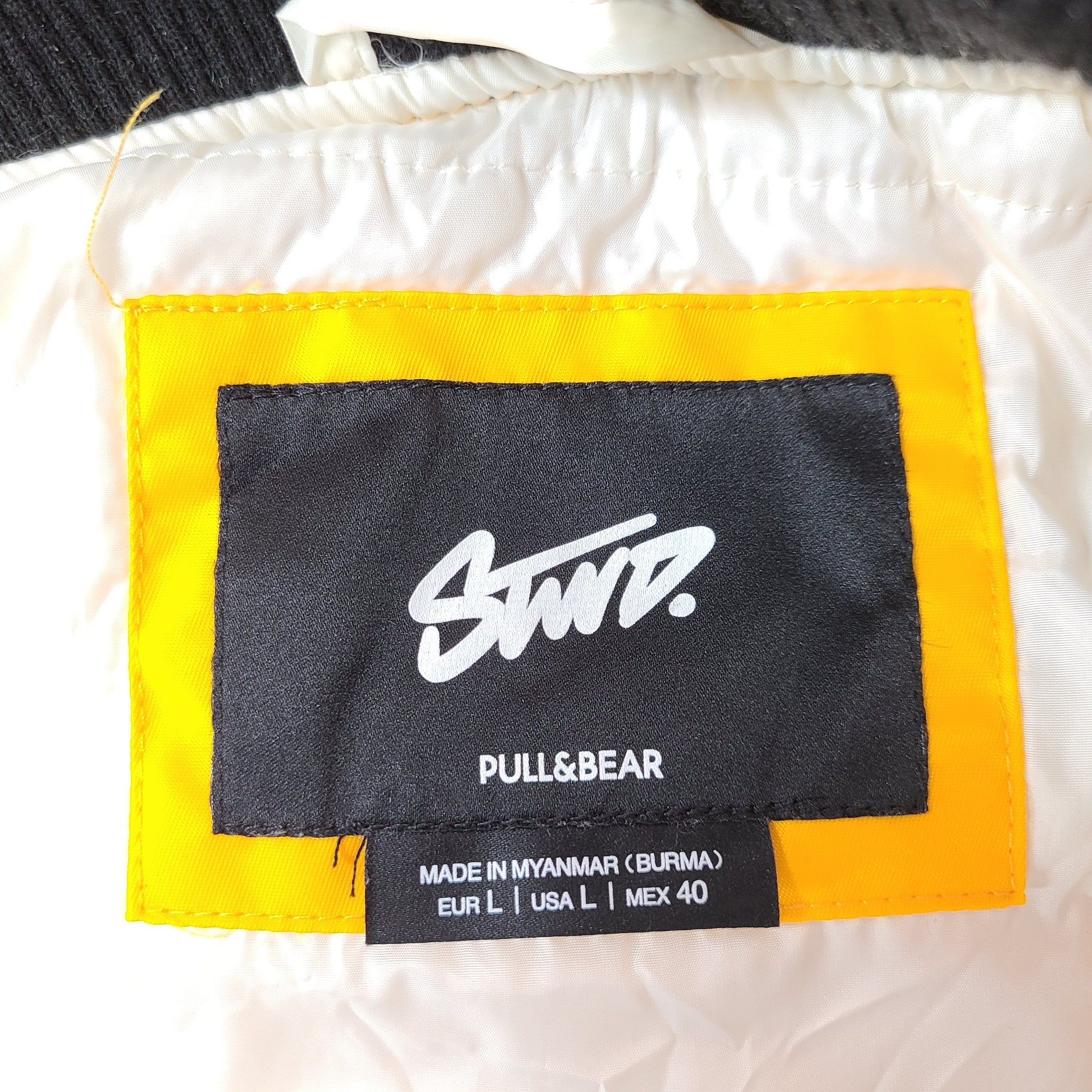 Pull & Bear Varsity Bomber Jacket STWD Oversized Faux Leather Nylon Yellow Sz L