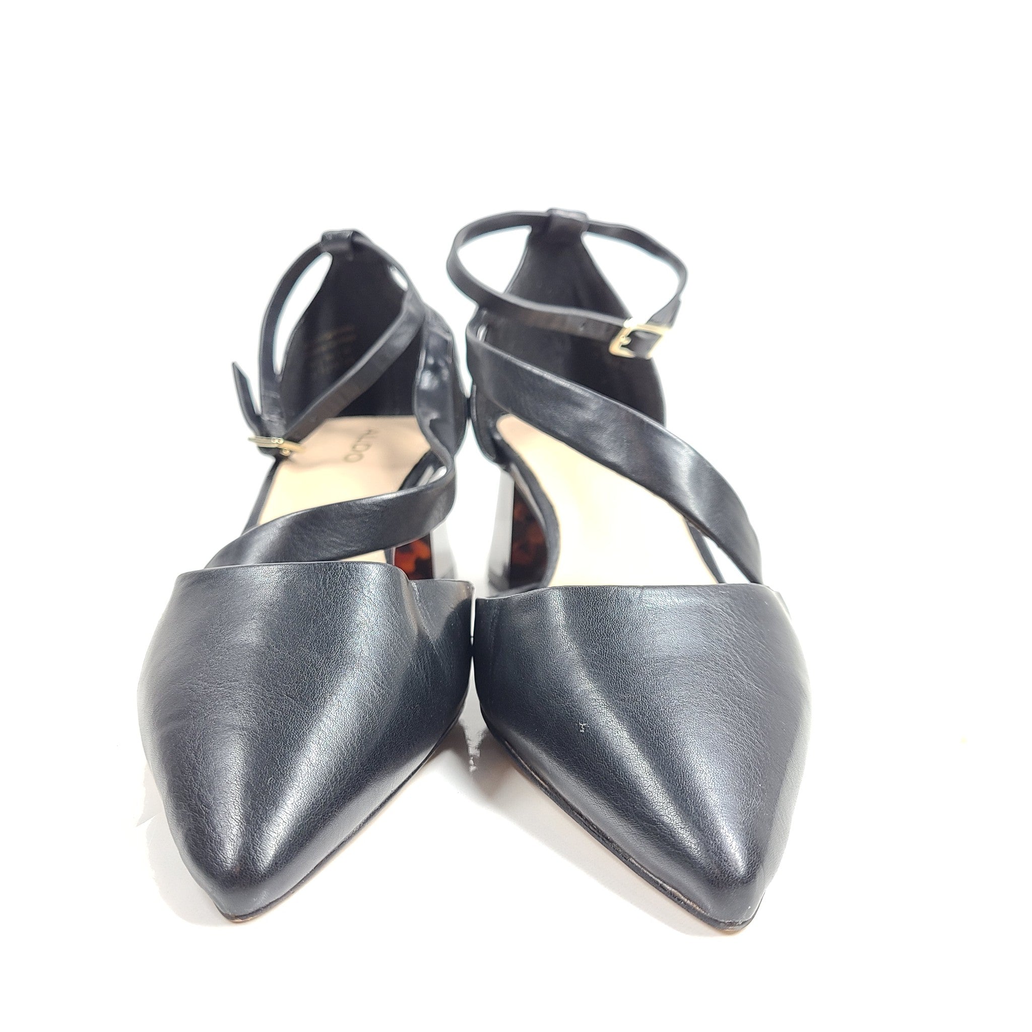 Aldo Bluebell Ankle Strap Heeled Shoe Pointed Toe Block Heel Black Sz 7