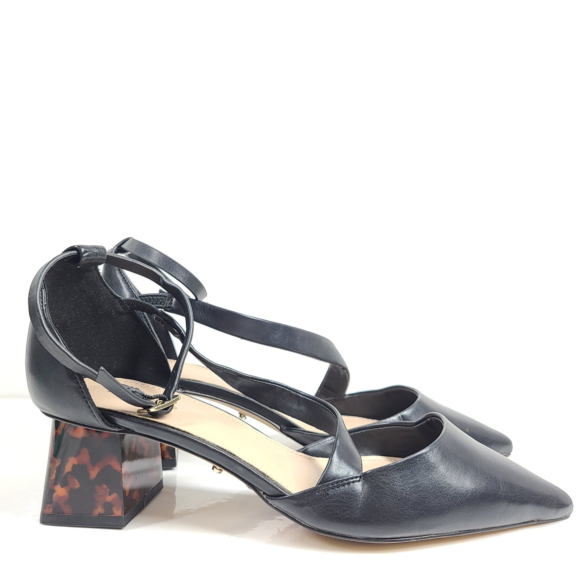 Aldo Bluebell Ankle Strap Heeled Shoe Pointed Toe Block Heel Black Sz 7