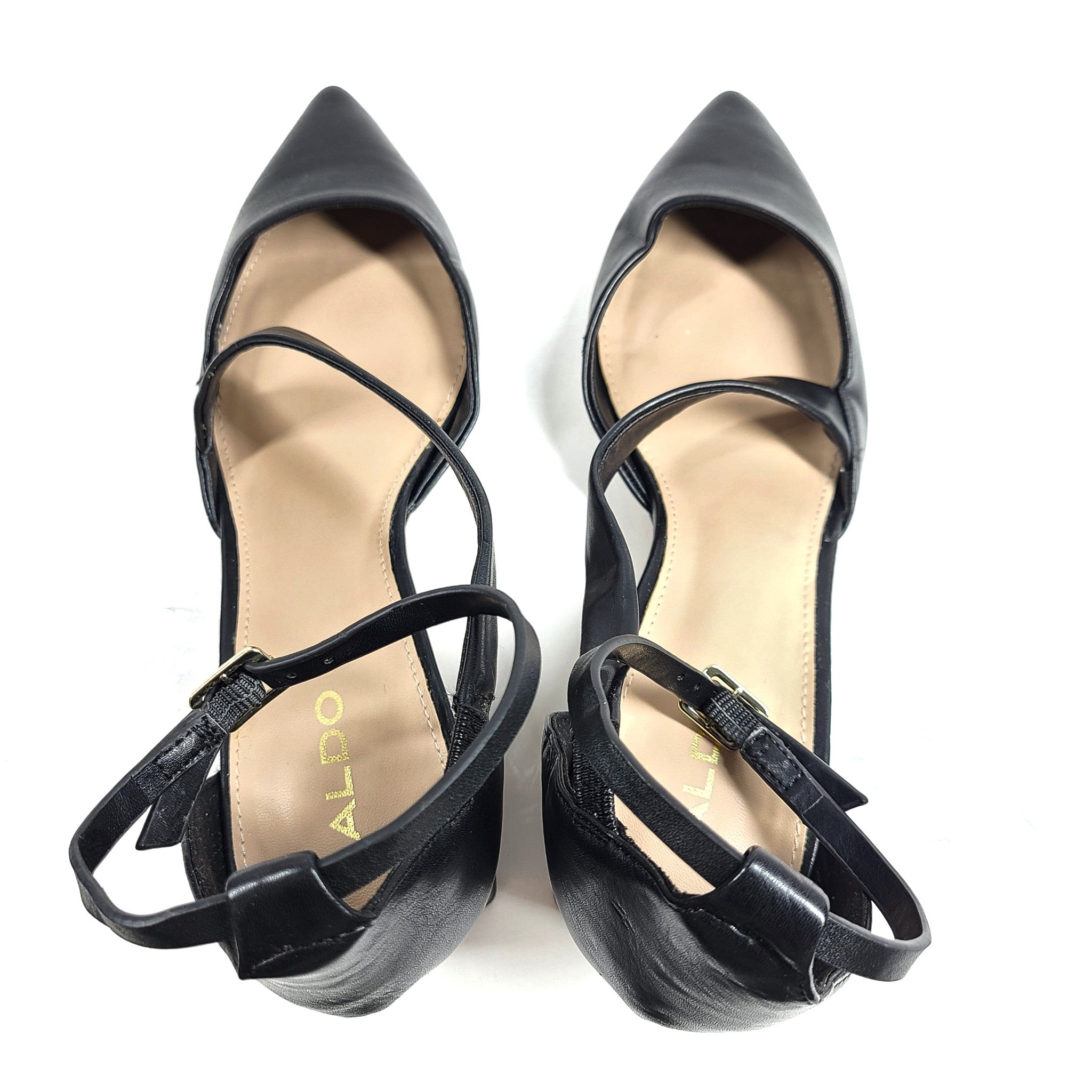 Aldo Bluebell Ankle Strap Heeled Shoe Pointed Toe Block Heel Black Sz 7