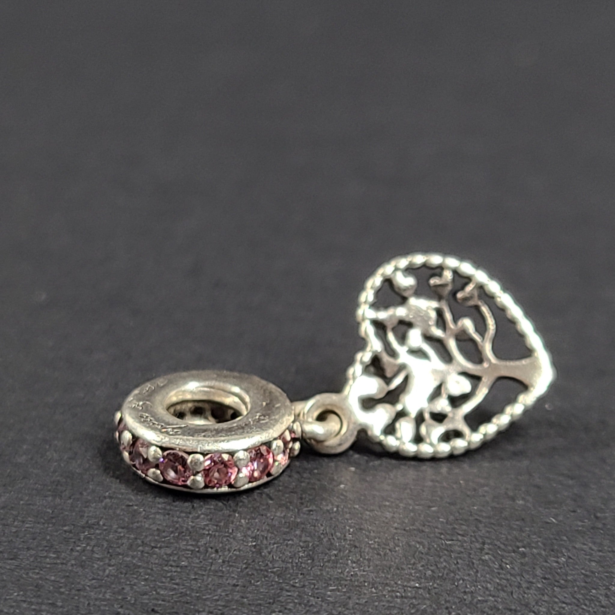 Retired Pandora Tree of Love Heart Dangle Charm w/ Red + Pink Enamel 796592CZ