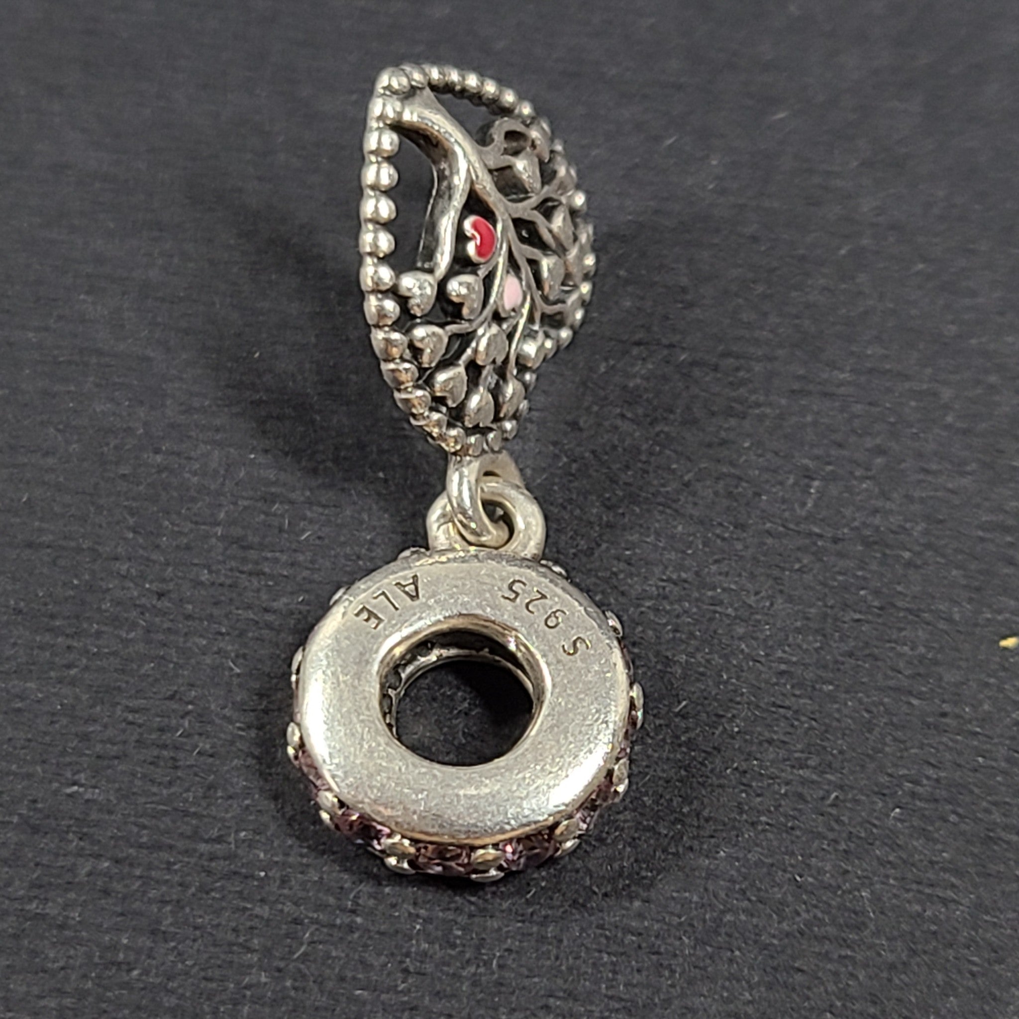 Retired Pandora Tree of Love Heart Dangle Charm w/ Red + Pink Enamel 796592CZ