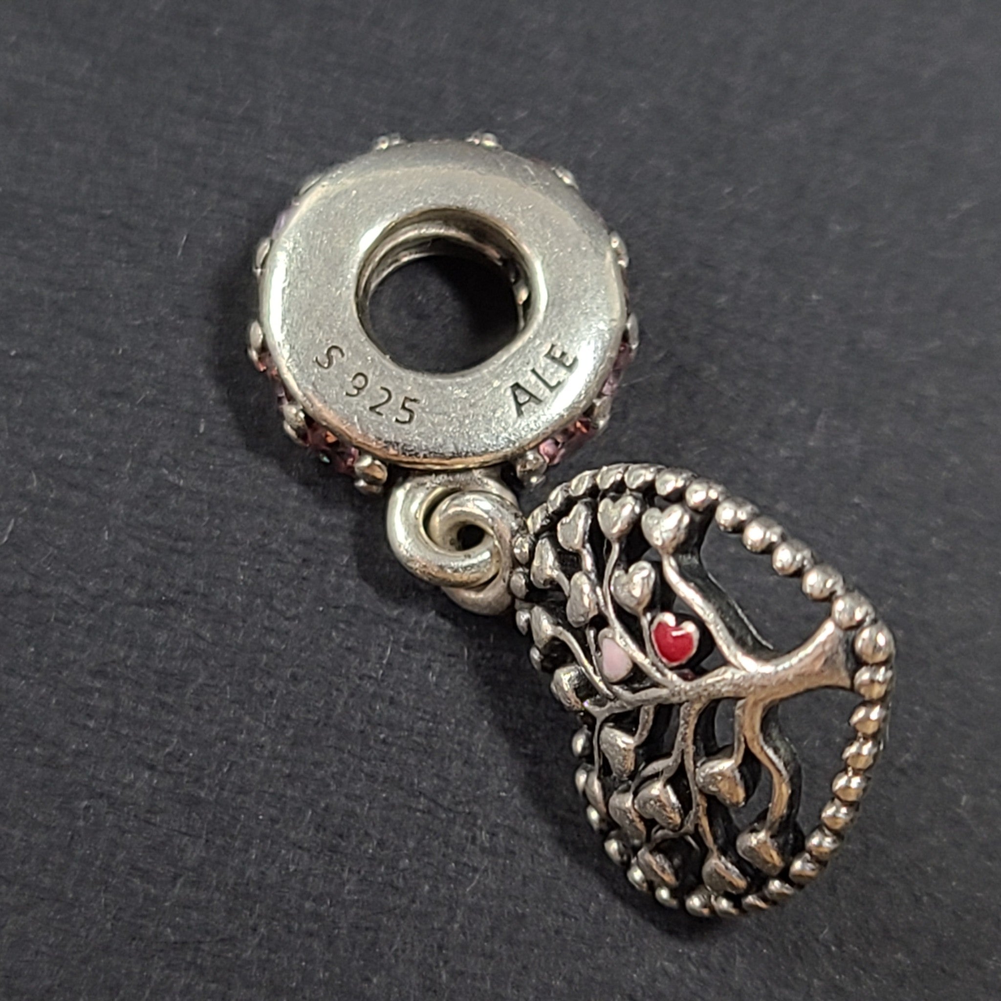 Retired Pandora Tree of Love Heart Dangle Charm w/ Red + Pink Enamel 796592CZ