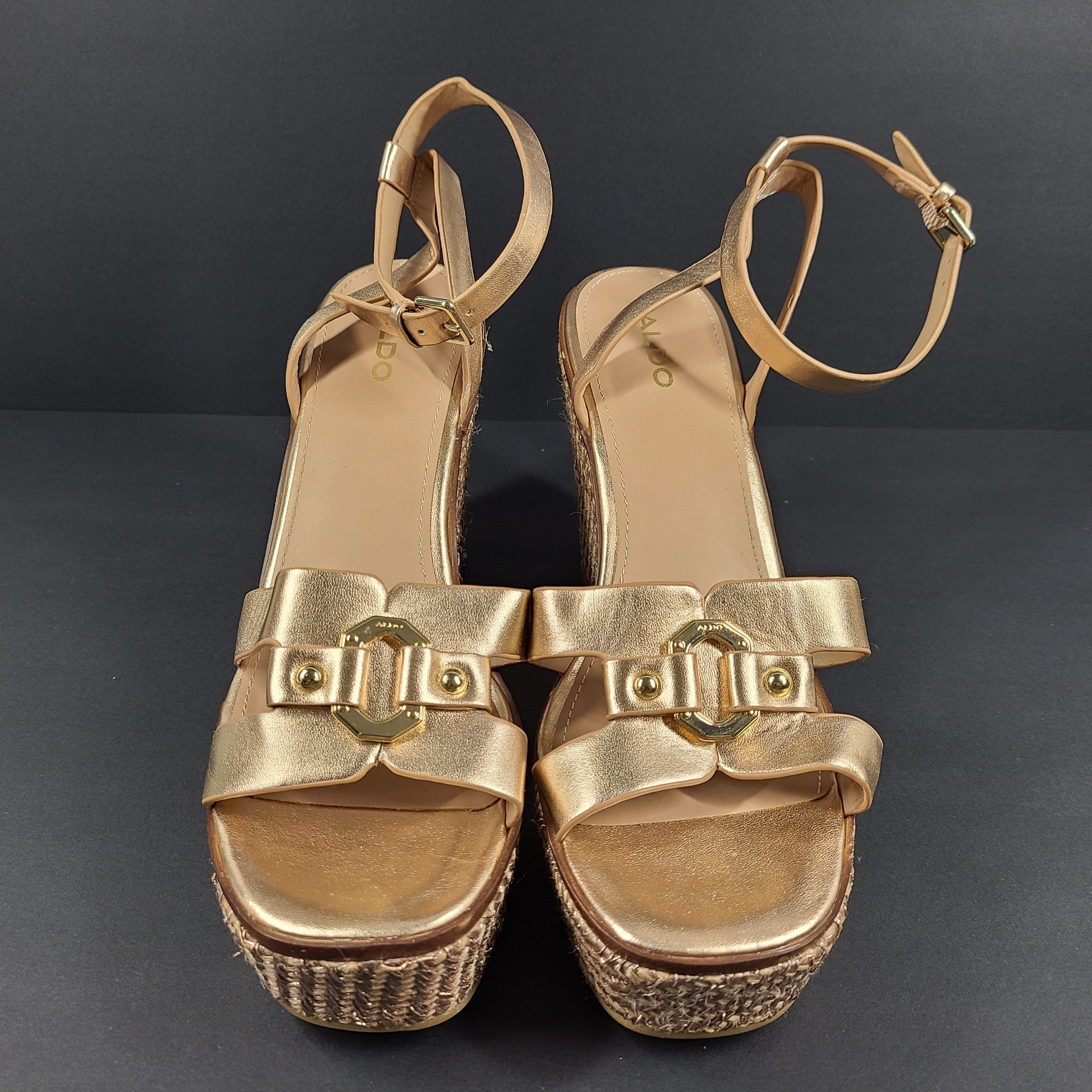 Aldo Women's Onan Ankle Strap Wedge Heeled Sandals Rose Gold Pink Sz 9