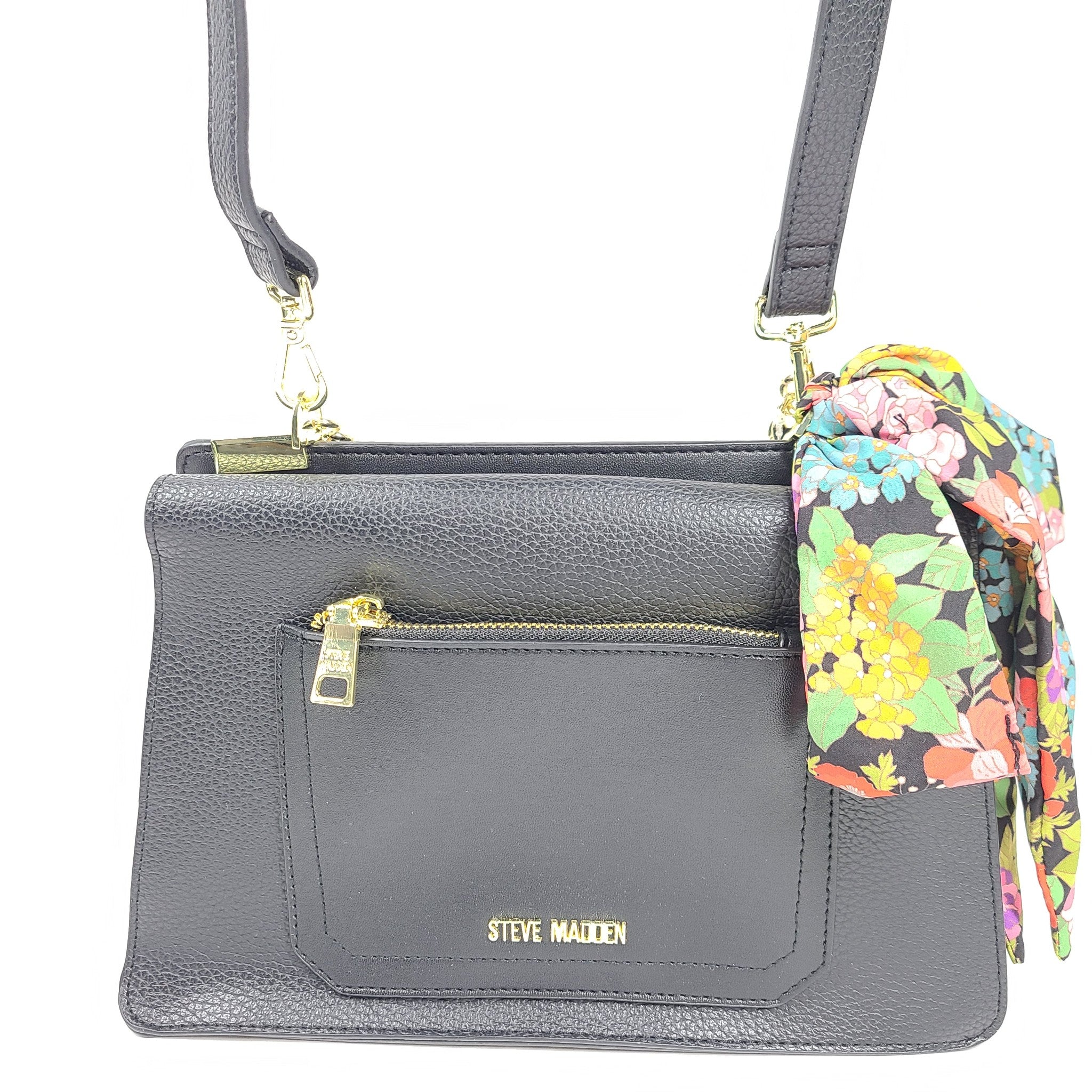 Steve Madden Bloren Vegan Leather Shoulder Crossbody Bag Floral Scarf Black