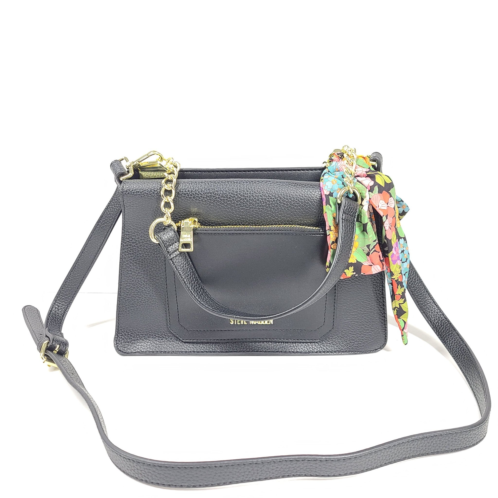 Steve Madden Bloren Vegan Leather Shoulder Crossbody Bag Floral Scarf Black