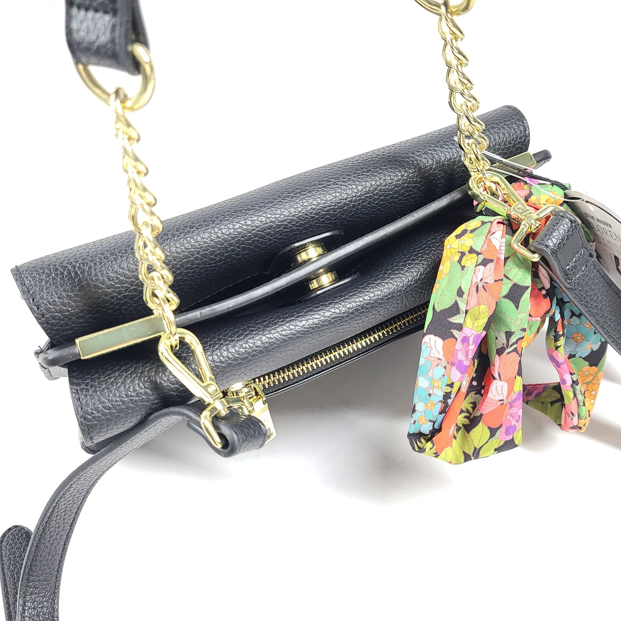 Steve Madden Bloren Vegan Leather Shoulder Crossbody Bag Floral Scarf Black