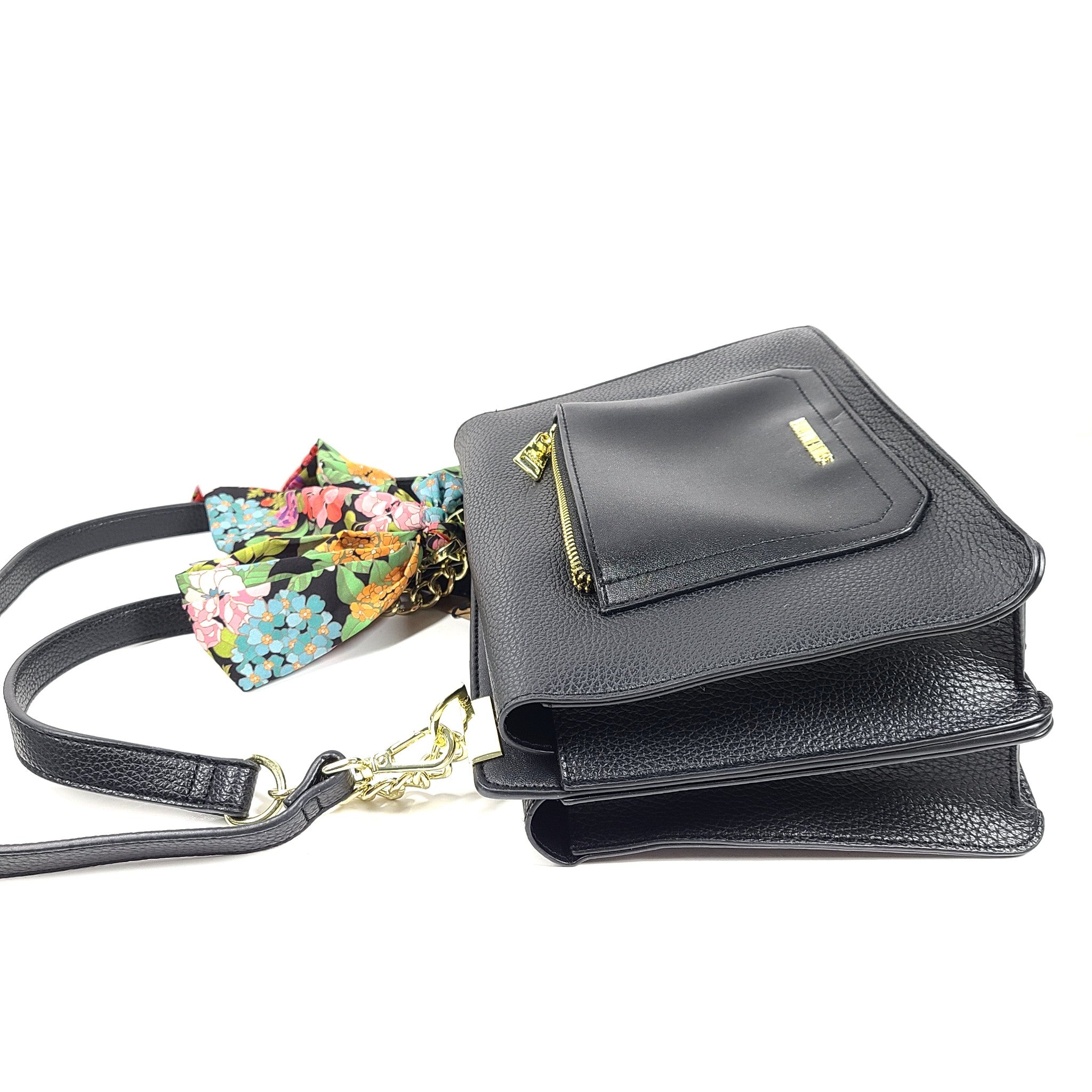 Steve Madden Bloren Vegan Leather Shoulder Crossbody Bag Floral Scarf Black