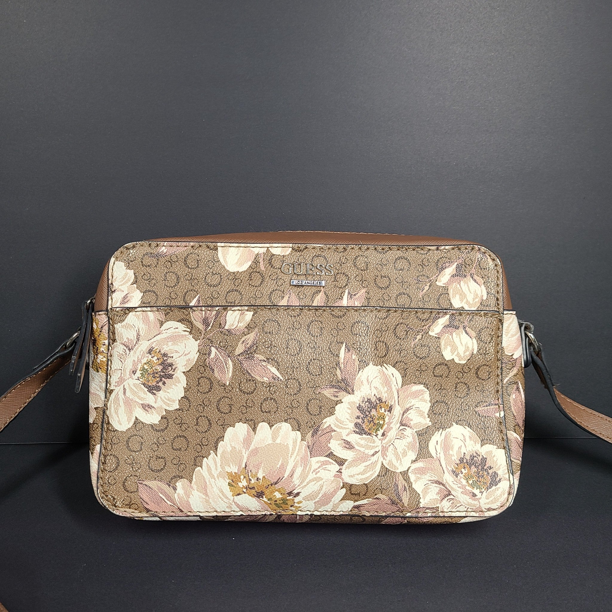 GUESS Crossbody Purse Bag Floral Print Coal Kalei Top-Zip Faux Leather Brown