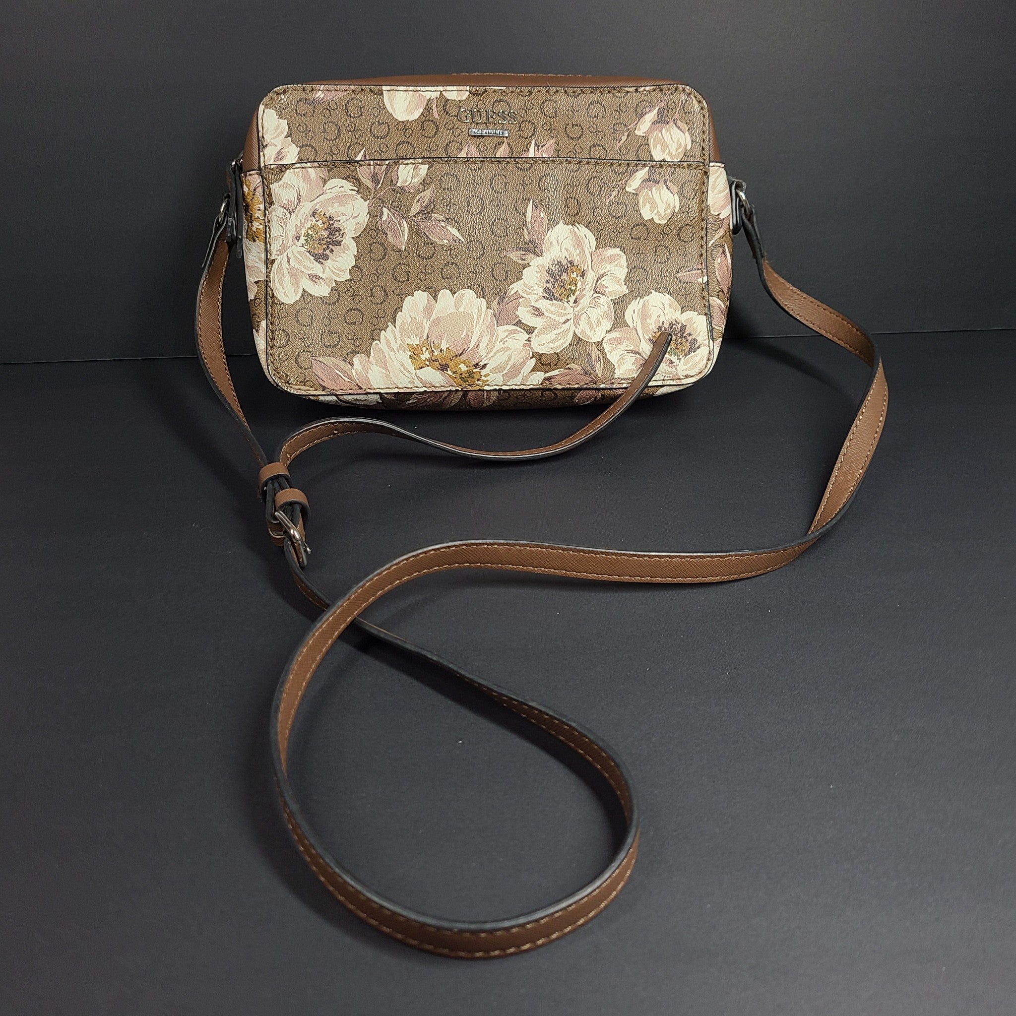 GUESS Crossbody Purse Bag Floral Print Coal Kalei Top-Zip Faux Leather Brown