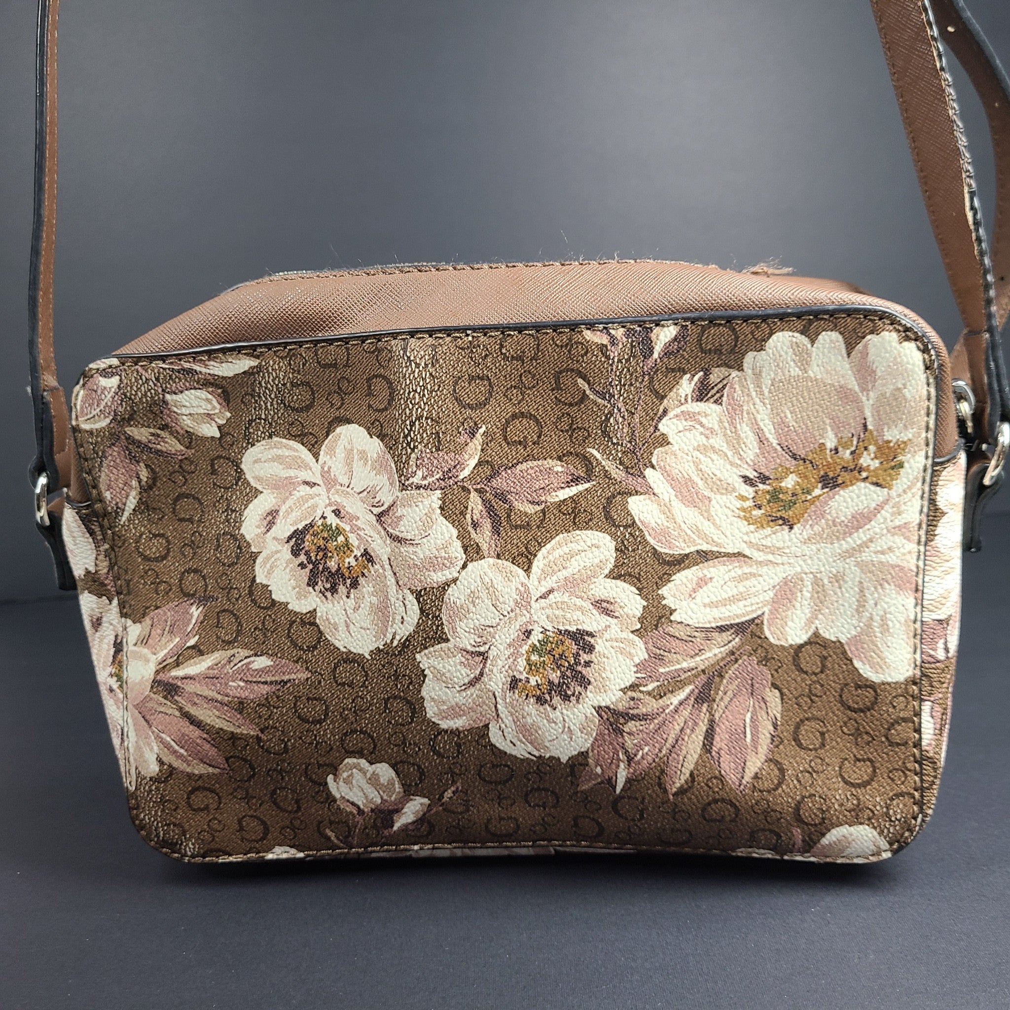 GUESS Crossbody Purse Bag Floral Print Coal Kalei Top-Zip Faux Leather Brown
