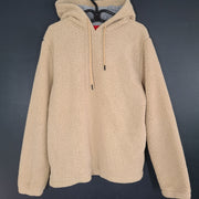 Guess Men's Faux Fur Teddy Hoodie Pullover Side Pockets Lined Fluffy Beige Sz M