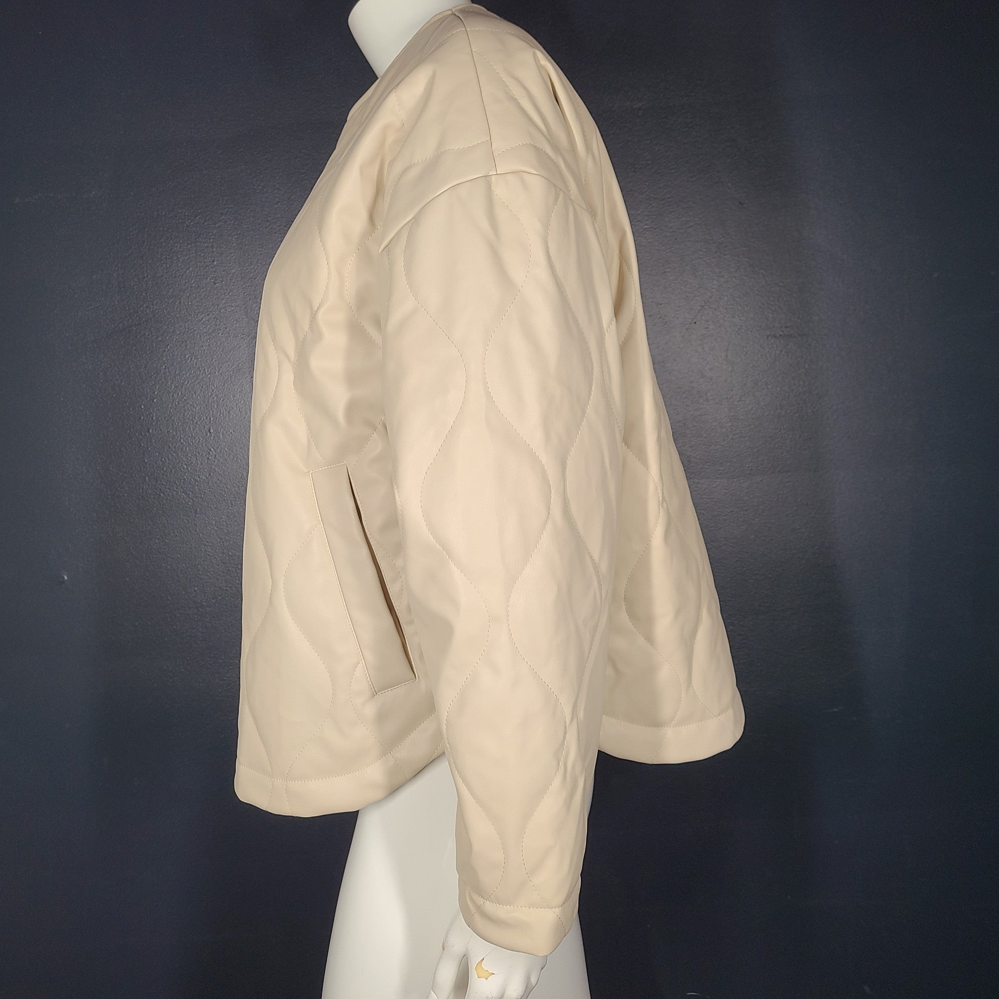 Zara Woman Faux Leather Fitted Quilted Jacket Long Sleeve Cream Beige Sz M