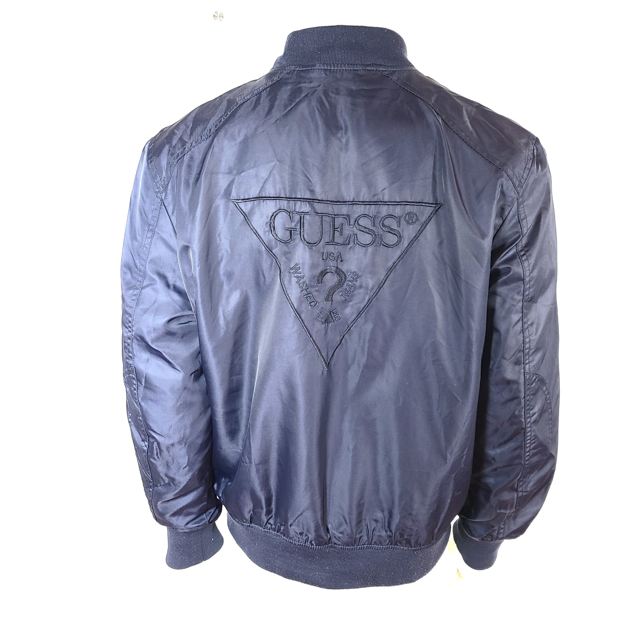 Guess Men's Bomber Jacket Nylon Embroidered Navy Blue Sz L READ