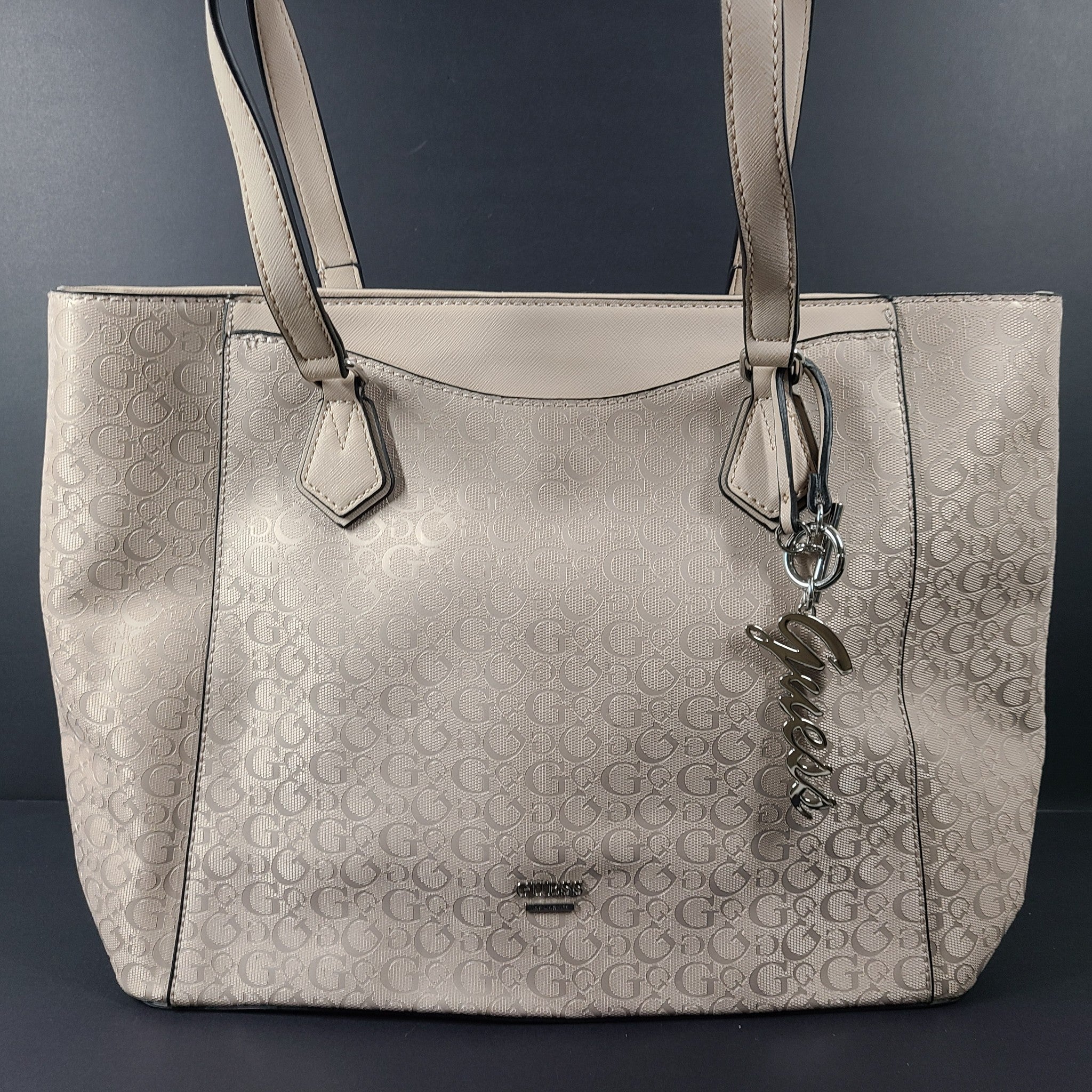 GUESS Diem Logo Tote Bag Monogram Print Shoulder Strap Rose Pink Beige Metallic