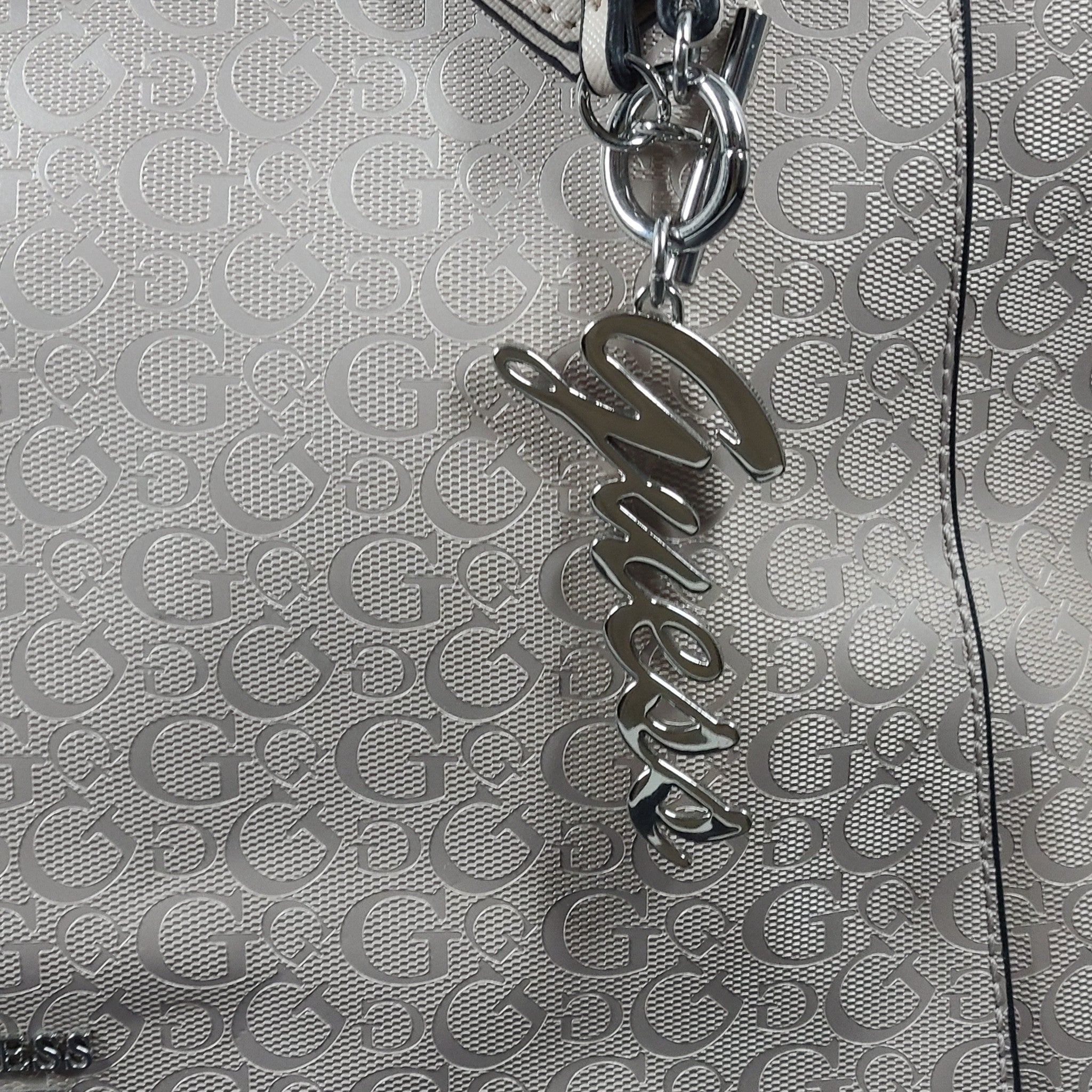 GUESS Diem Logo Tote Bag Monogram Print Shoulder Strap Rose Pink Beige Metallic