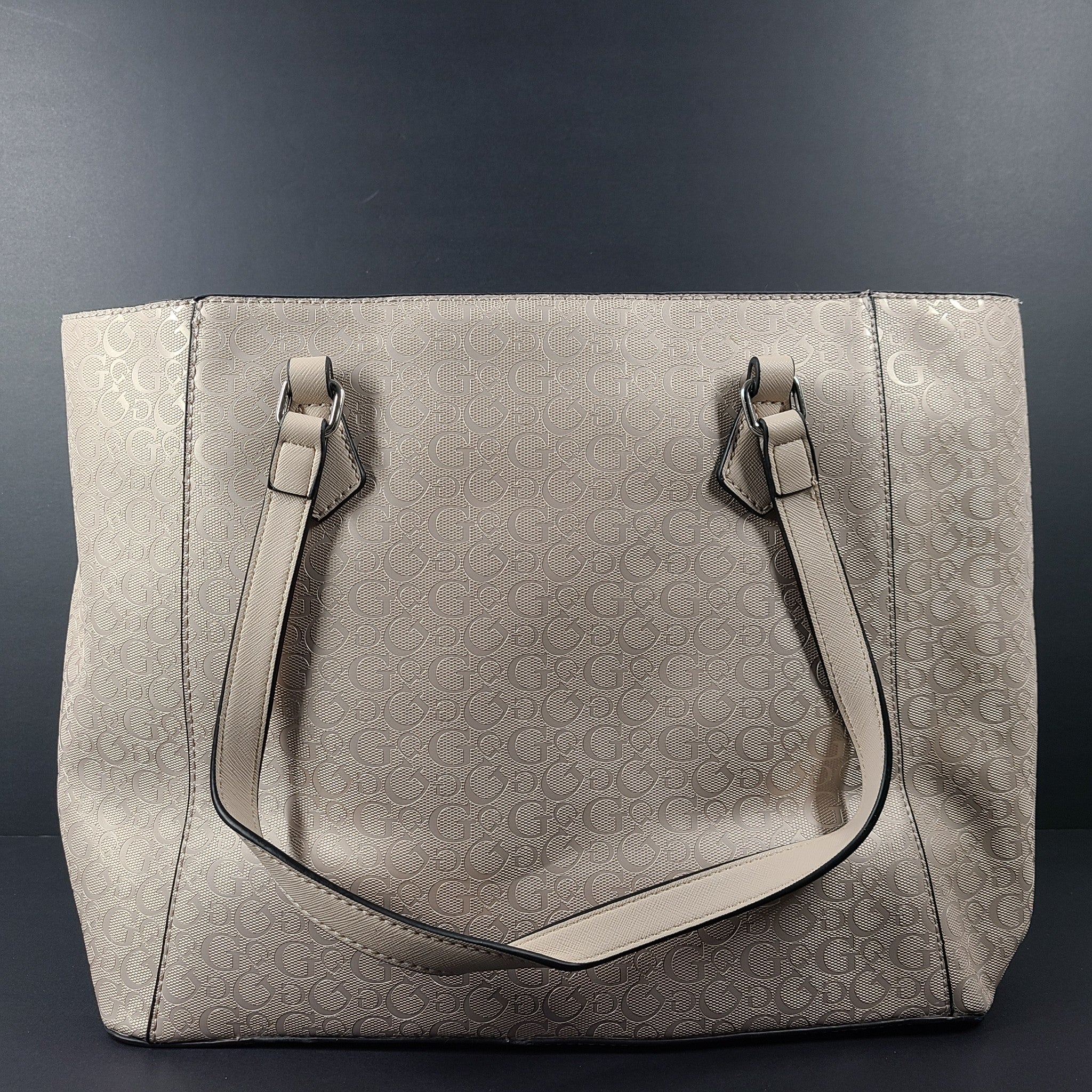 GUESS Diem Logo Tote Bag Monogram Print Shoulder Strap Rose Pink Beige Metallic