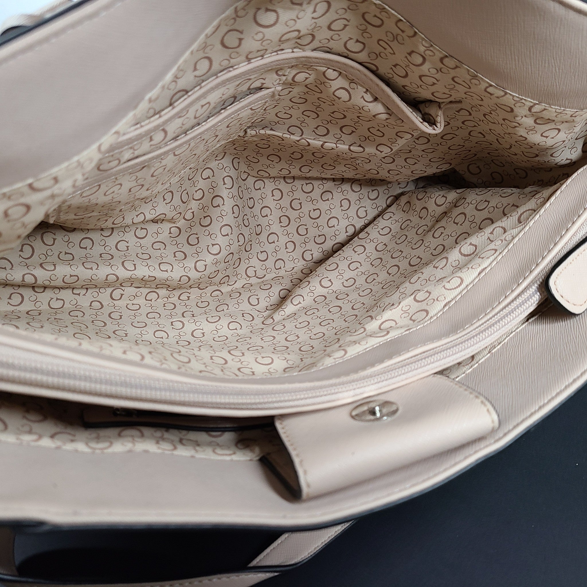 GUESS Diem Logo Tote Bag Monogram Print Shoulder Strap Rose Pink Beige Metallic