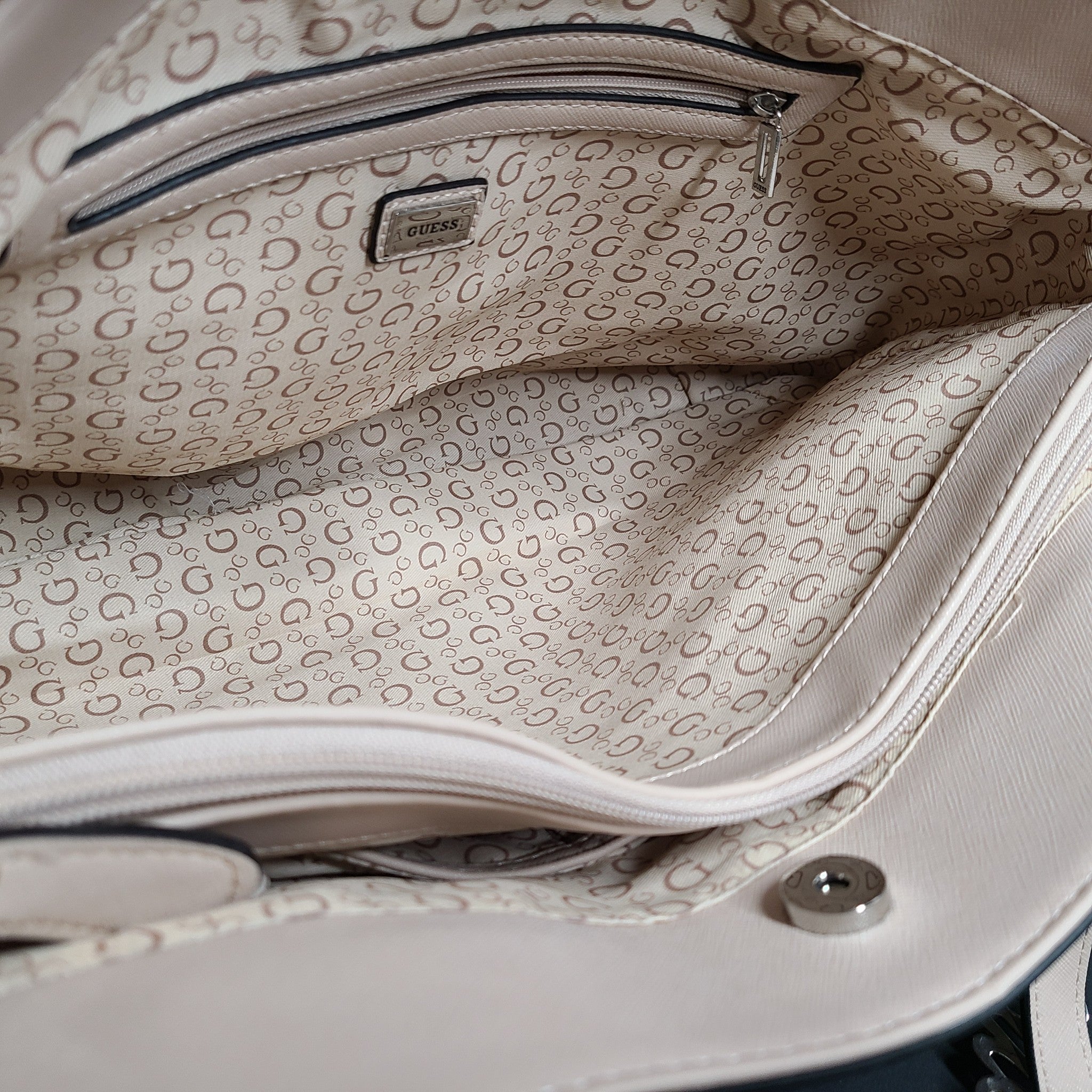 GUESS Diem Logo Tote Bag Monogram Print Shoulder Strap Rose Pink Beige Metallic