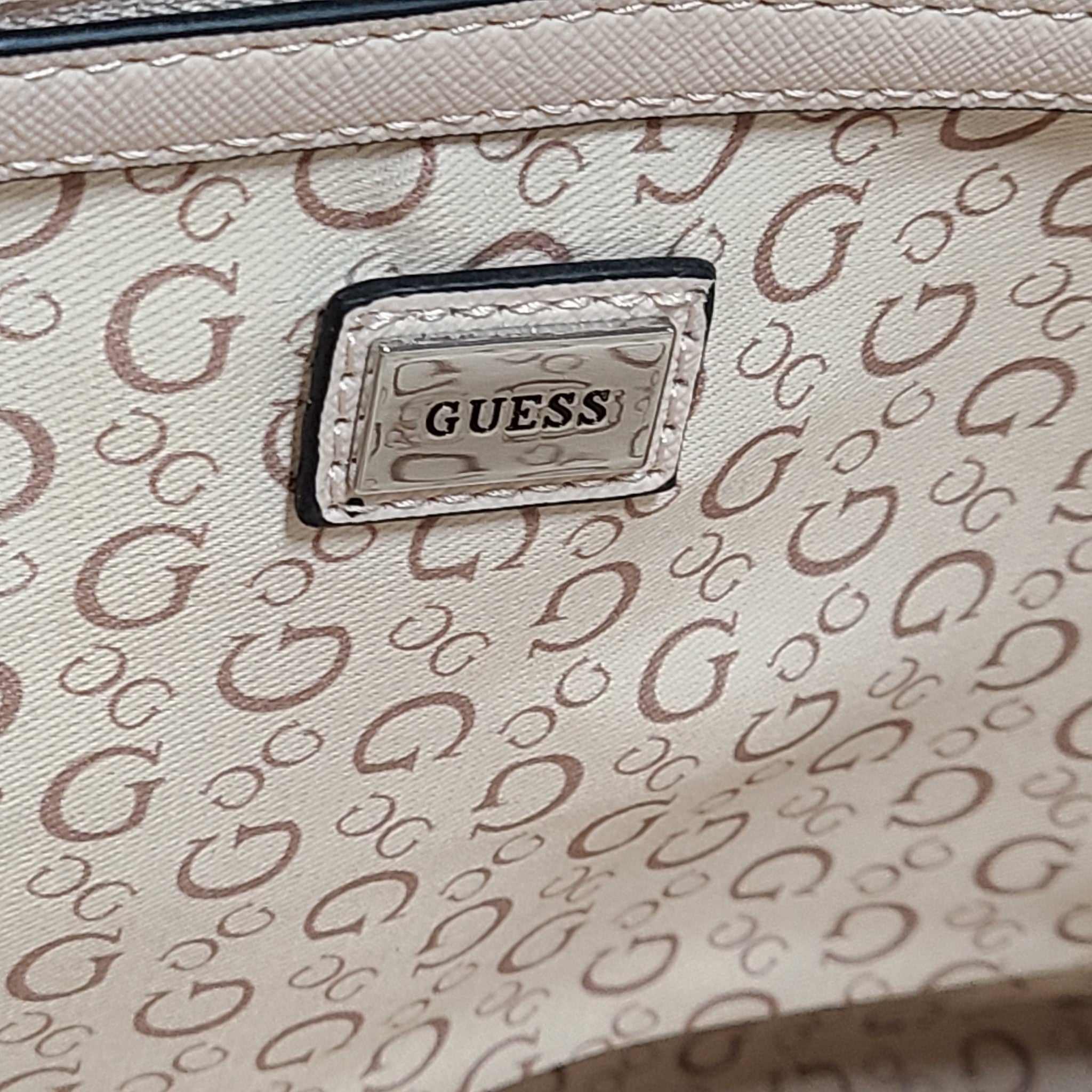 GUESS Diem Logo Tote Bag Monogram Print Shoulder Strap Rose Pink Beige Metallic