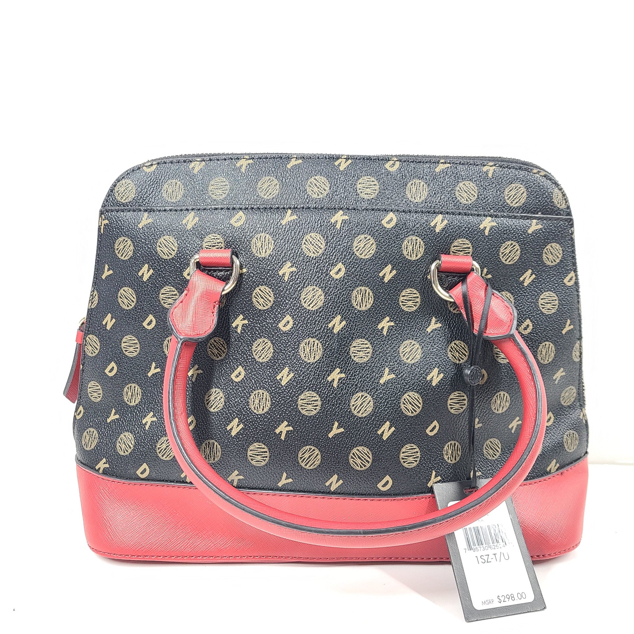 DKNY Bryant Park Medium Dome Satchel Crossbody Bag Faux Leather Black Red