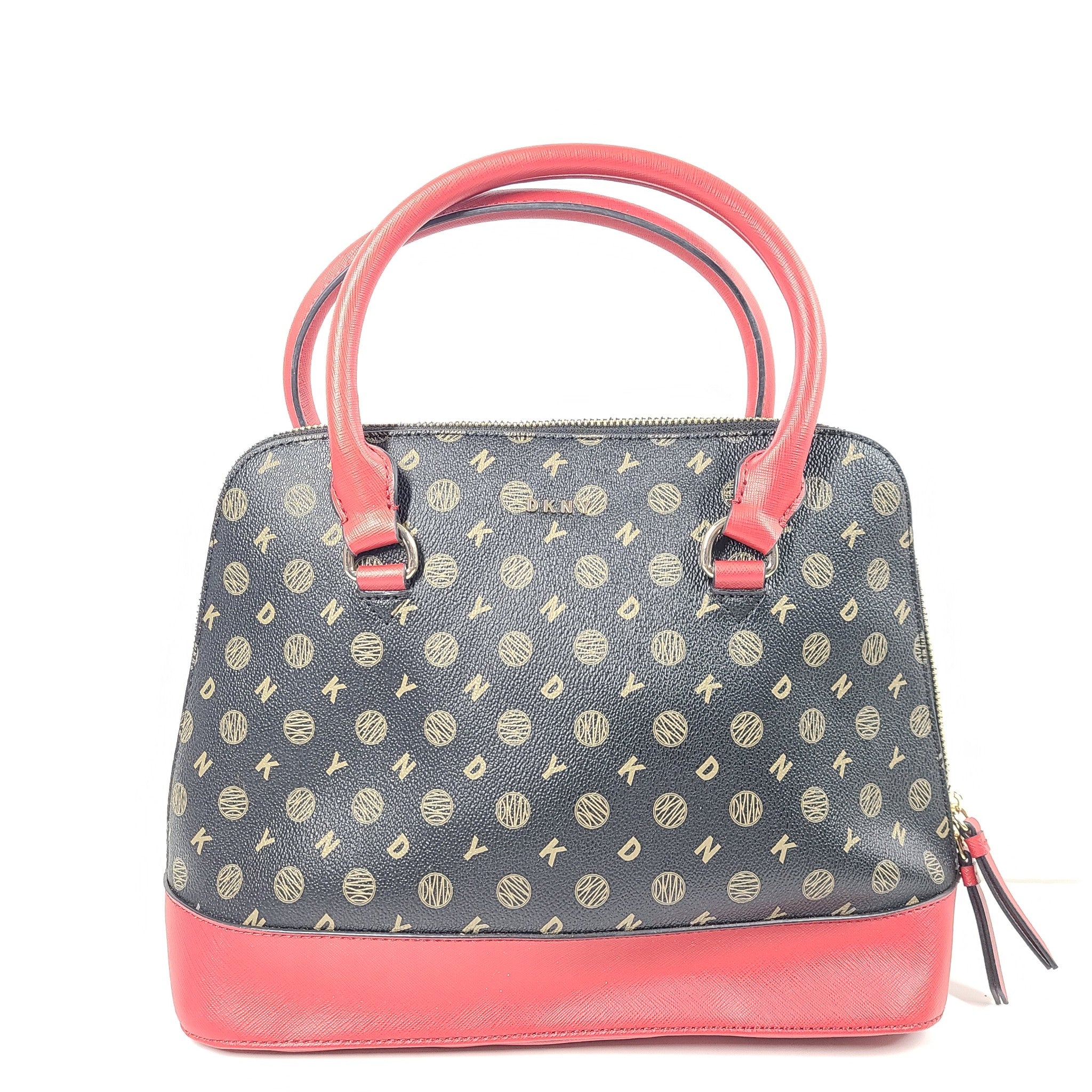 DKNY Bryant Park Medium Dome Satchel Crossbody Bag Faux Leather Black Red