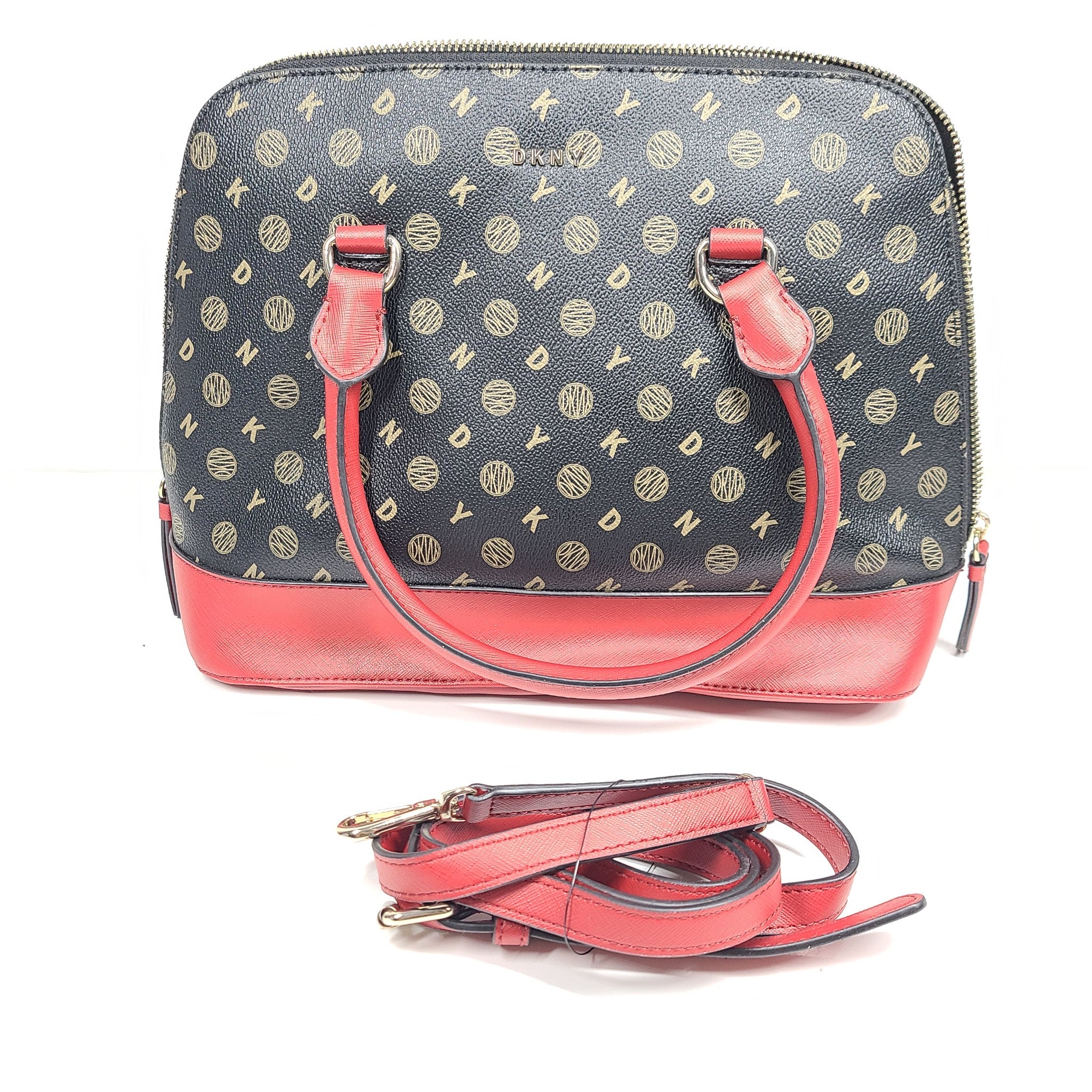 DKNY Bryant Park Medium Dome Satchel Crossbody Bag Faux Leather Black Red