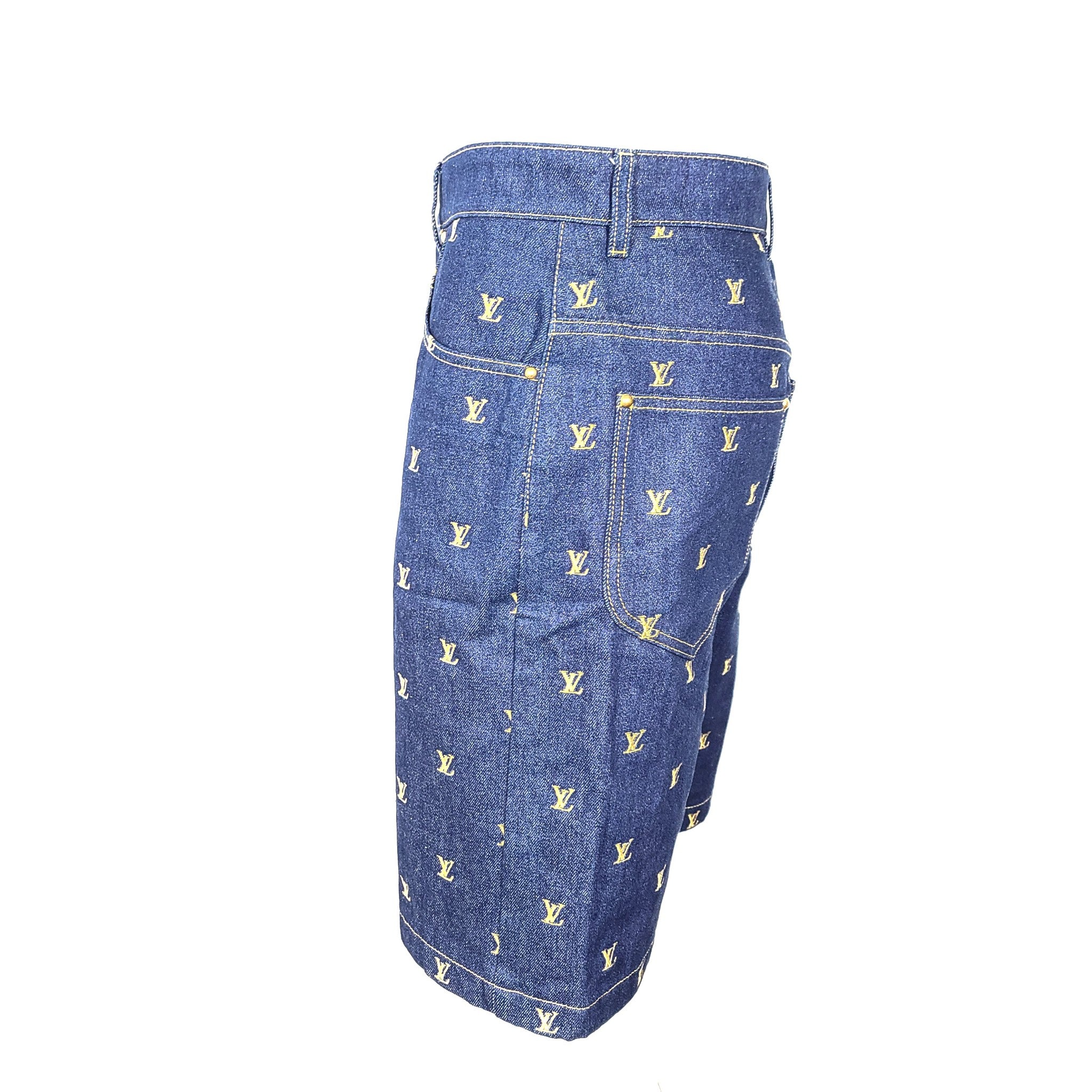 Louis Vuitton Men's Blue & Gold Embroidered Signature Denim Shorts Blue Sz 32