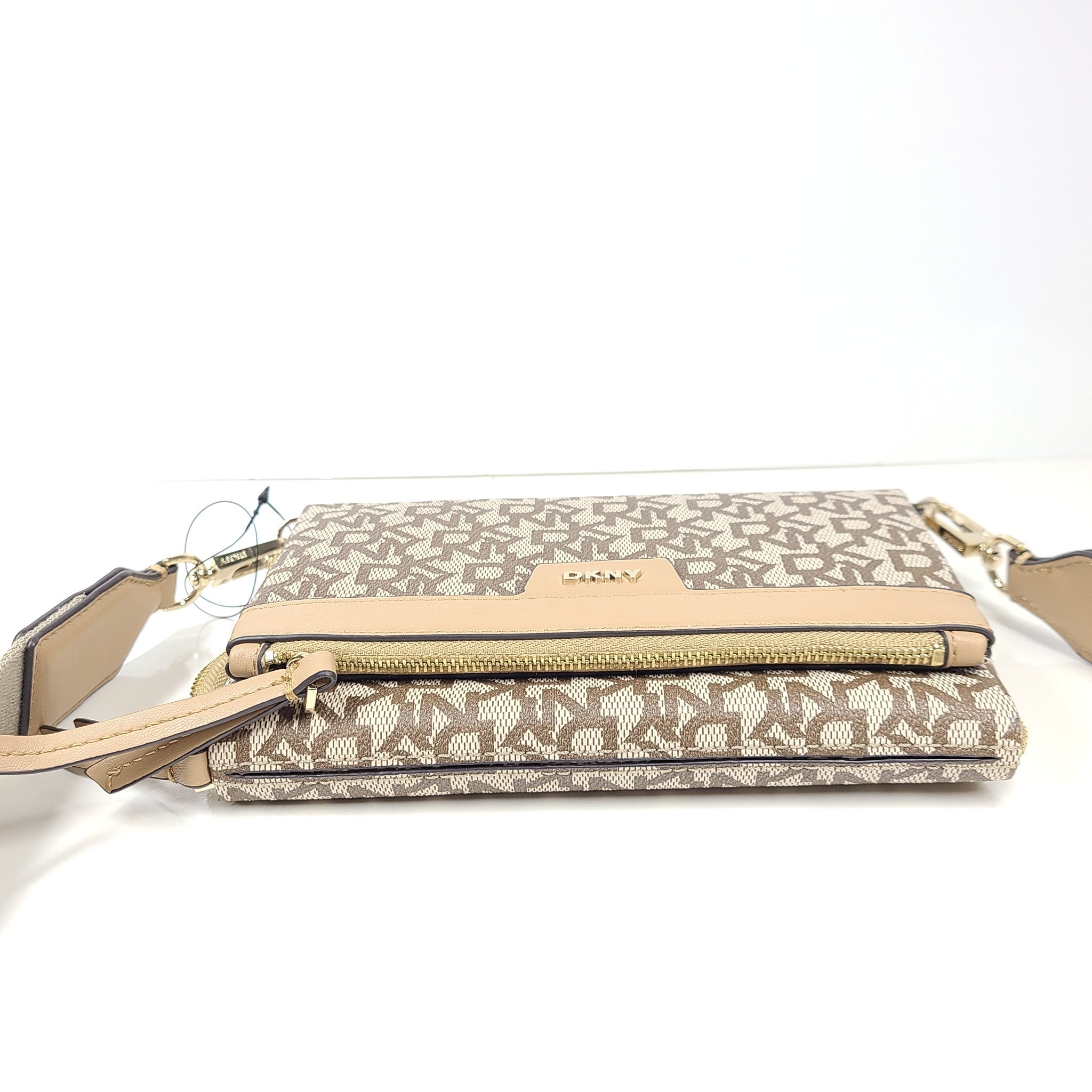 DKNY Nyra Trifold Crossbody Bag Faux Leather Monogram Beige Brown