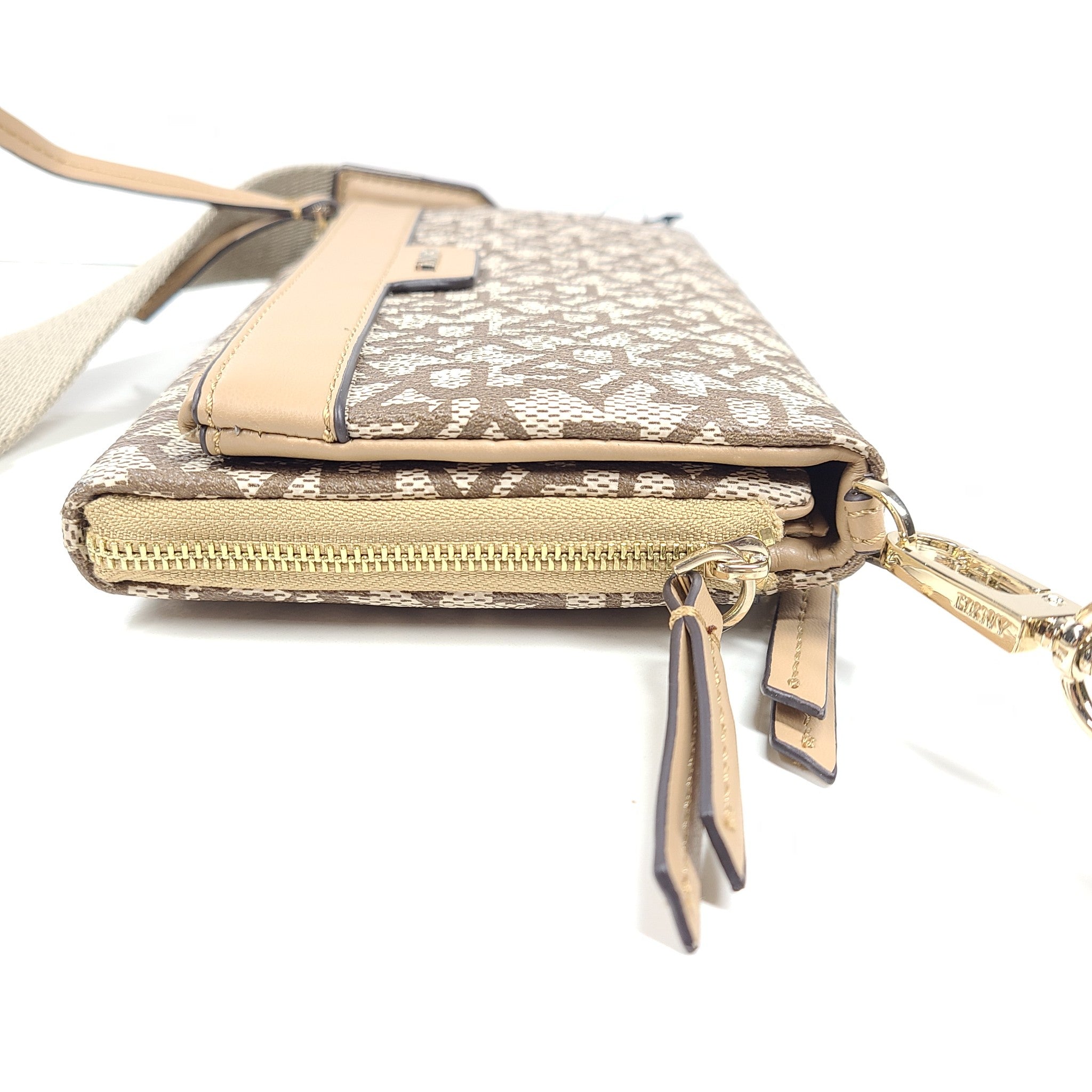 DKNY Nyra Trifold Crossbody Bag Faux Leather Monogram Beige Brown