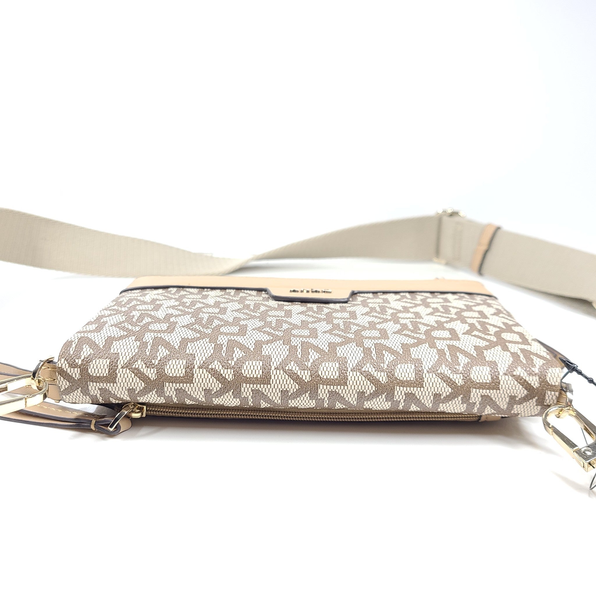 DKNY Nyra Trifold Crossbody Bag Faux Leather Monogram Beige Brown