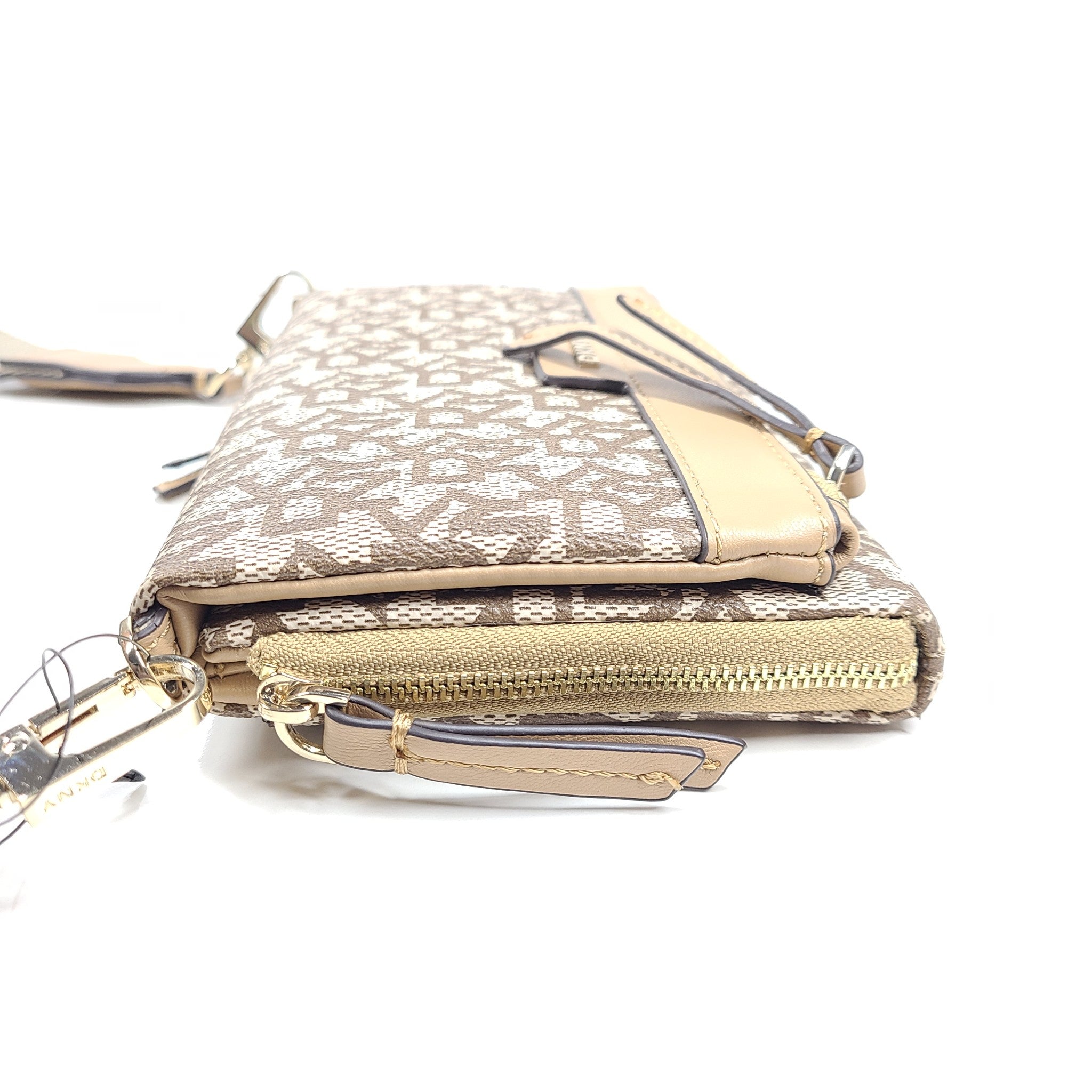 DKNY Nyra Trifold Crossbody Bag Faux Leather Monogram Beige Brown
