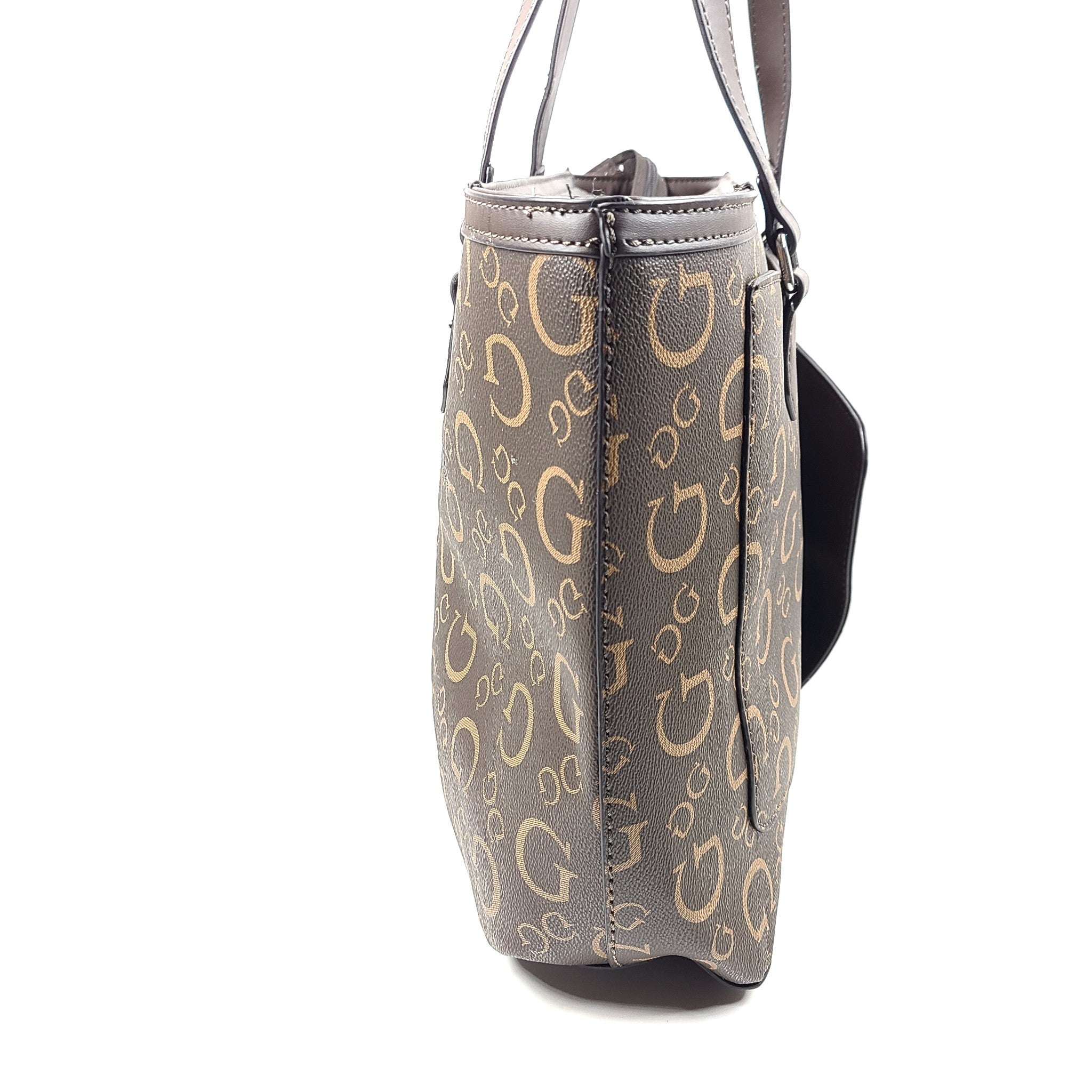 GUESS Medford Logo Tote Bag + Pouch Monogram Print Shoulder Strap Brown HH902925