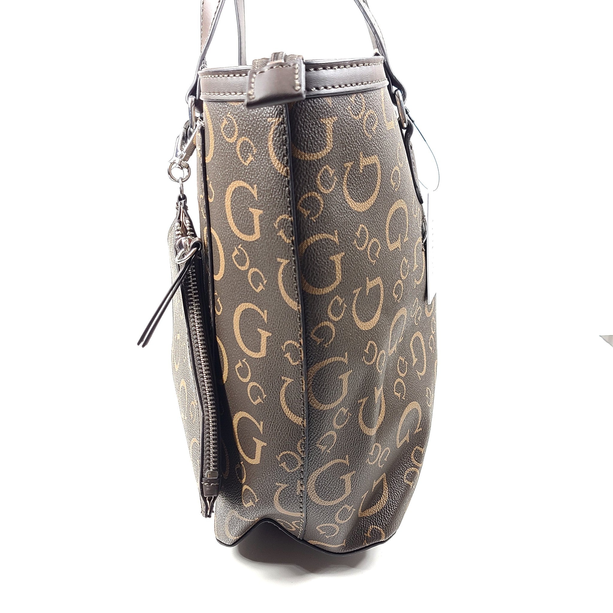 GUESS Medford Logo Tote Bag + Pouch Monogram Print Shoulder Strap Brown HH902925