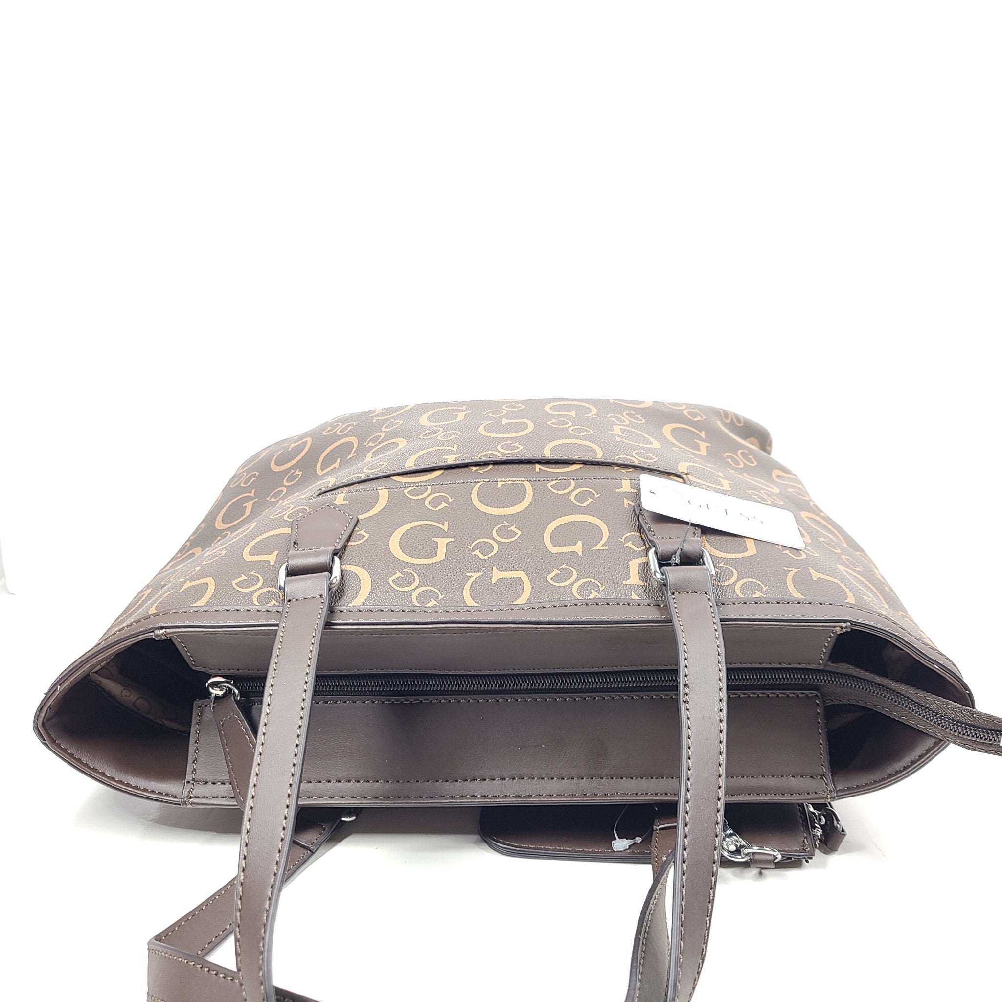 GUESS Medford Logo Tote Bag + Pouch Monogram Print Shoulder Strap Brown HH902925