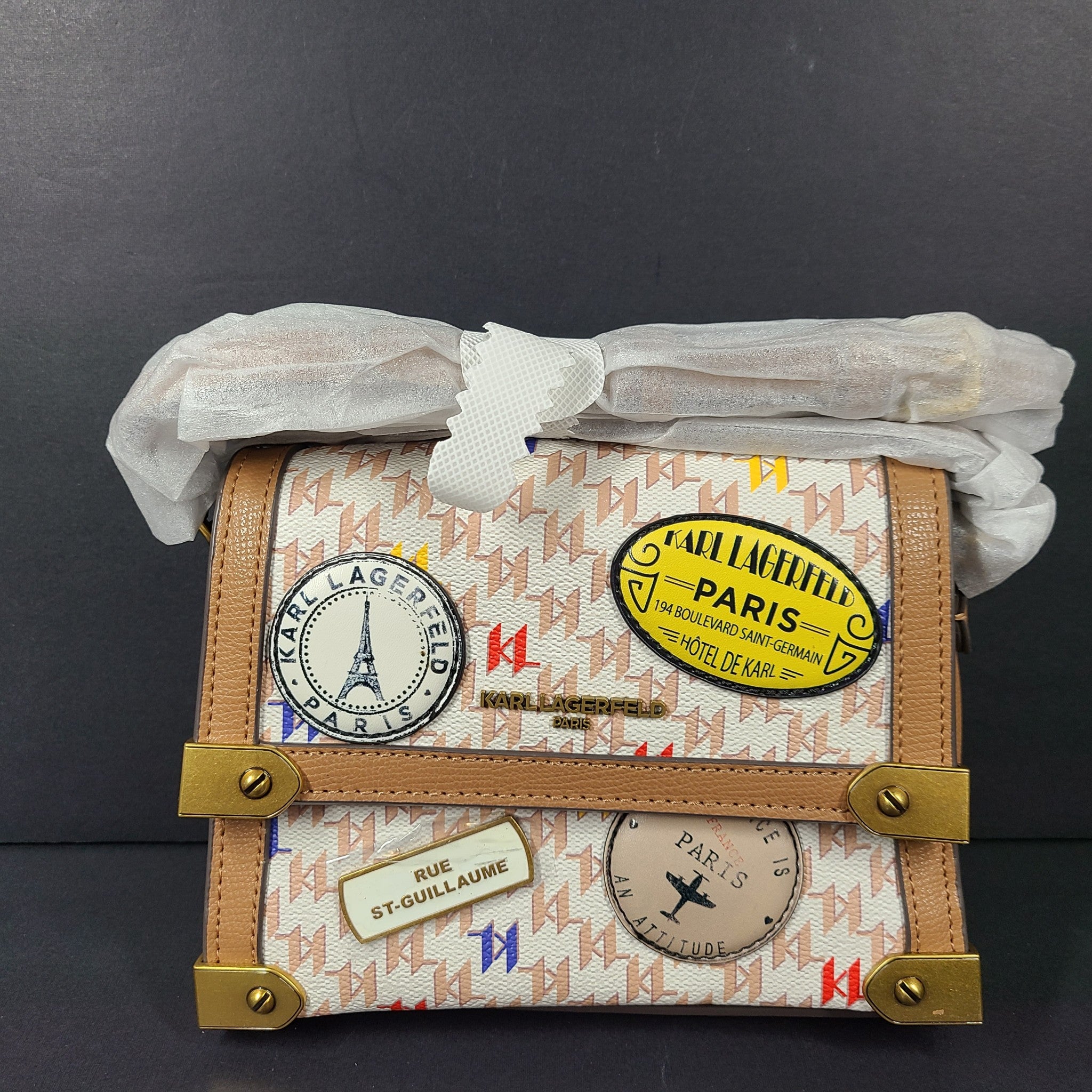 Karl Lagerfeld Marselle Crossbody Bag Paris Patches Embellished Cognac