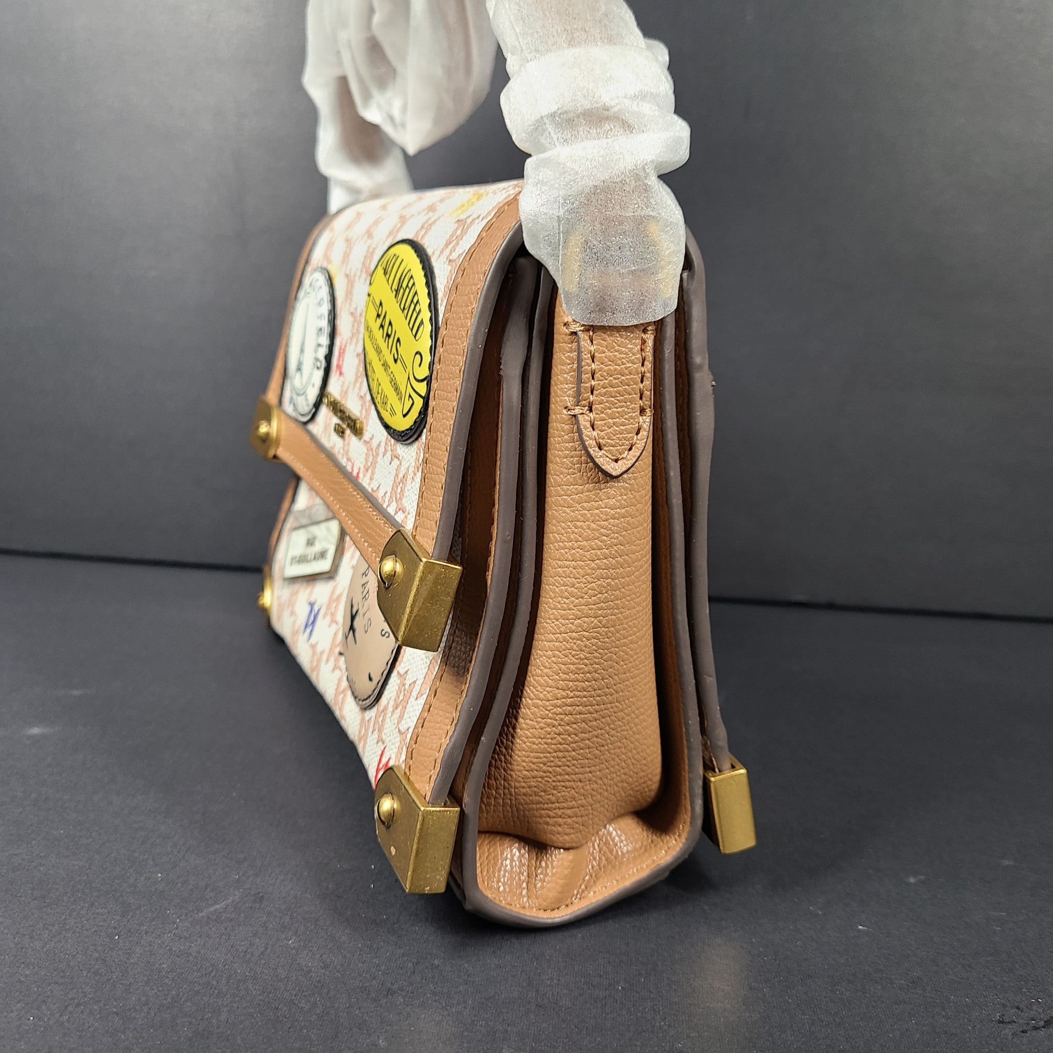 Karl Lagerfeld Marselle Crossbody Bag Paris Patches Embellished Cognac