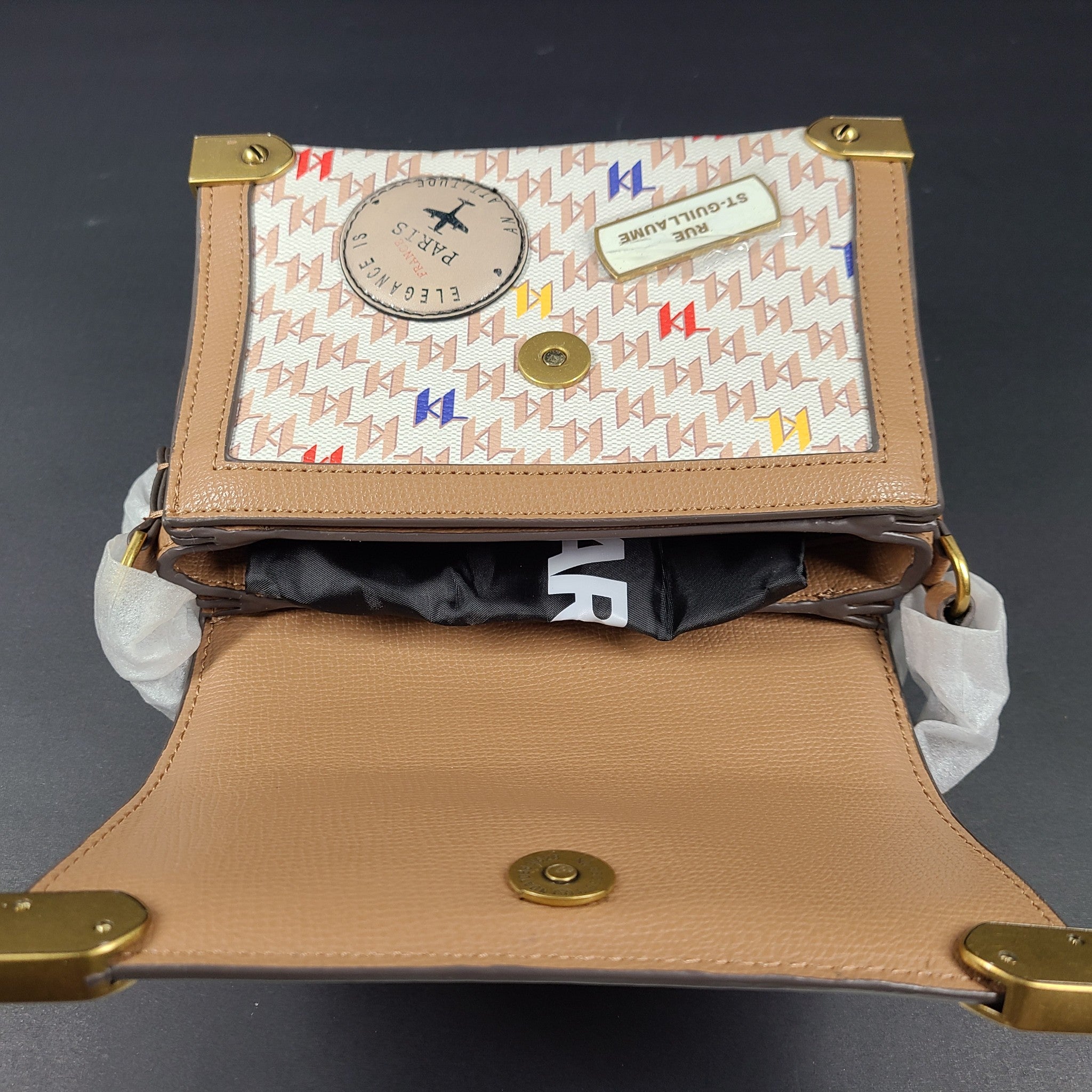 Karl Lagerfeld Marselle Crossbody Bag Paris Patches Embellished Cognac