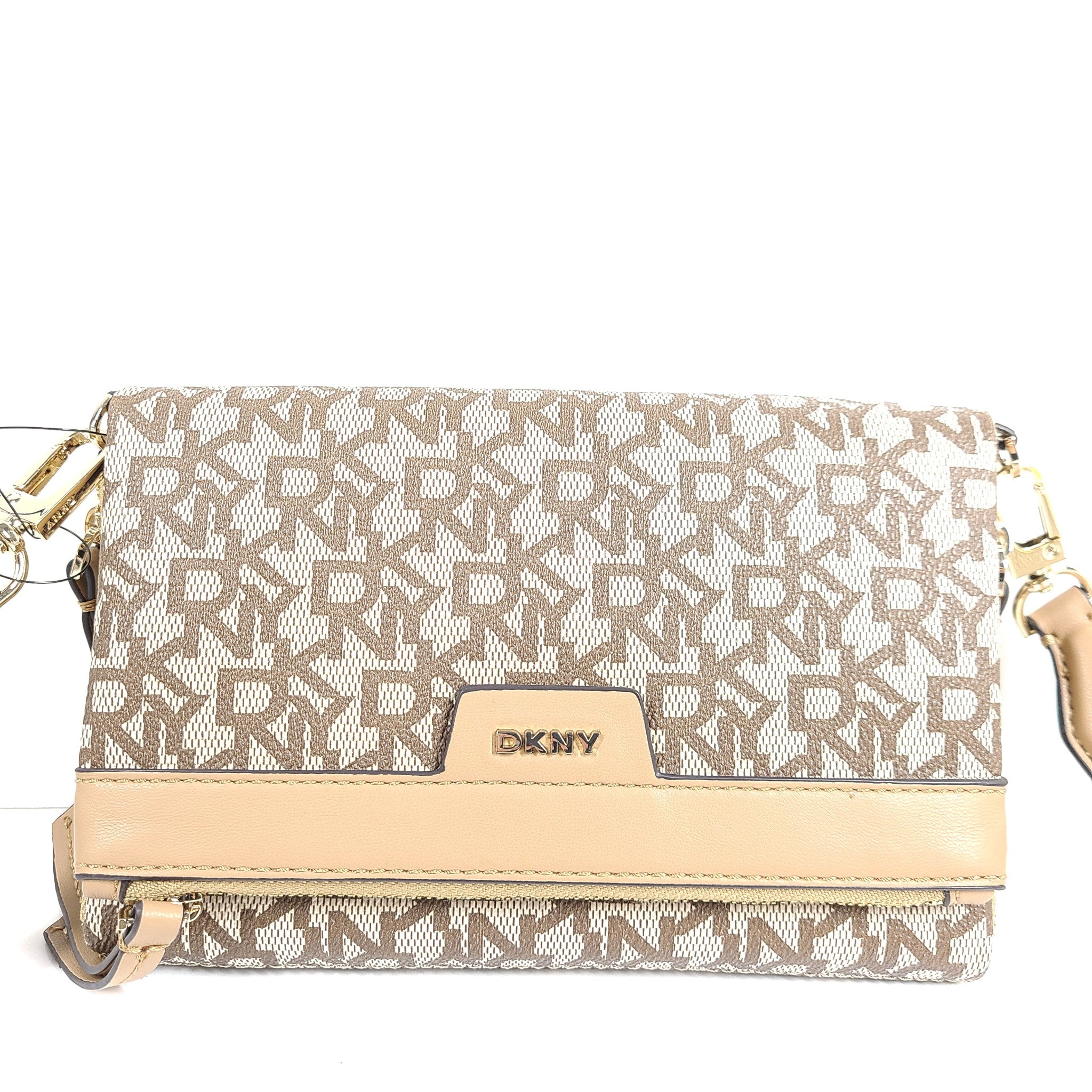 DKNY Nyra Trifold Crossbody Bag Faux Leather Monogram Beige Brown