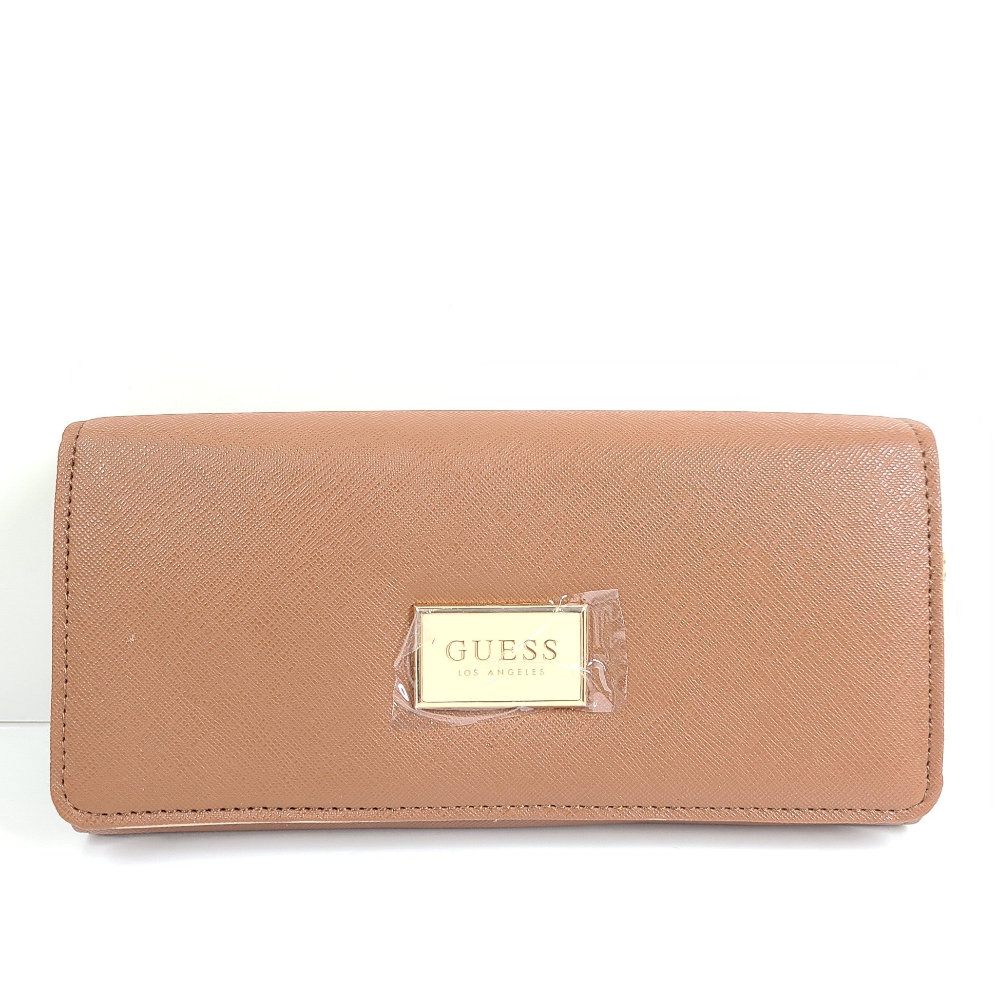 Guess Women's Abree Medium Clutch Wallet Foldable Snap Closure Cognac Saffiano