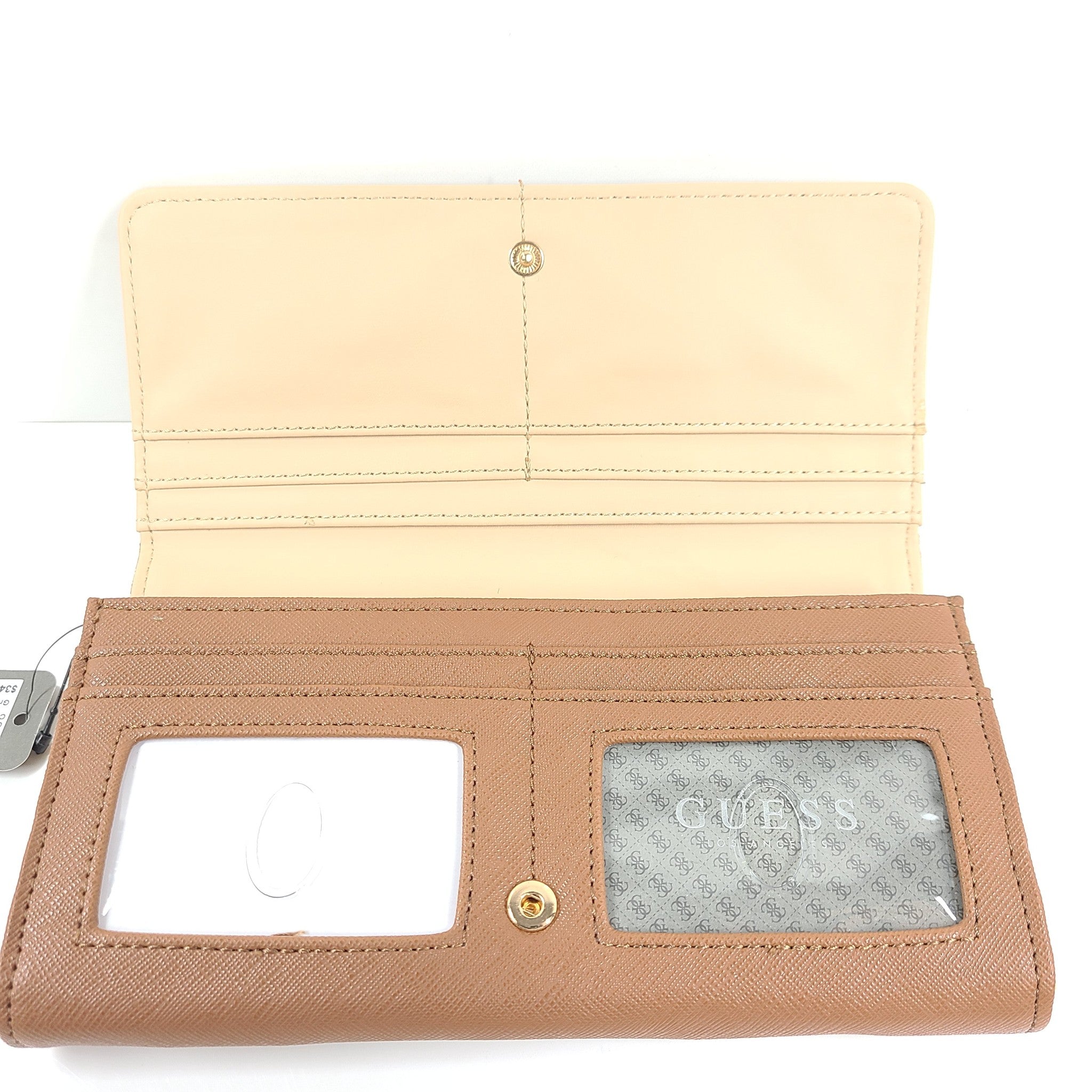 Guess Women's Abree Medium Clutch Wallet Foldable Snap Closure Cognac Saffiano