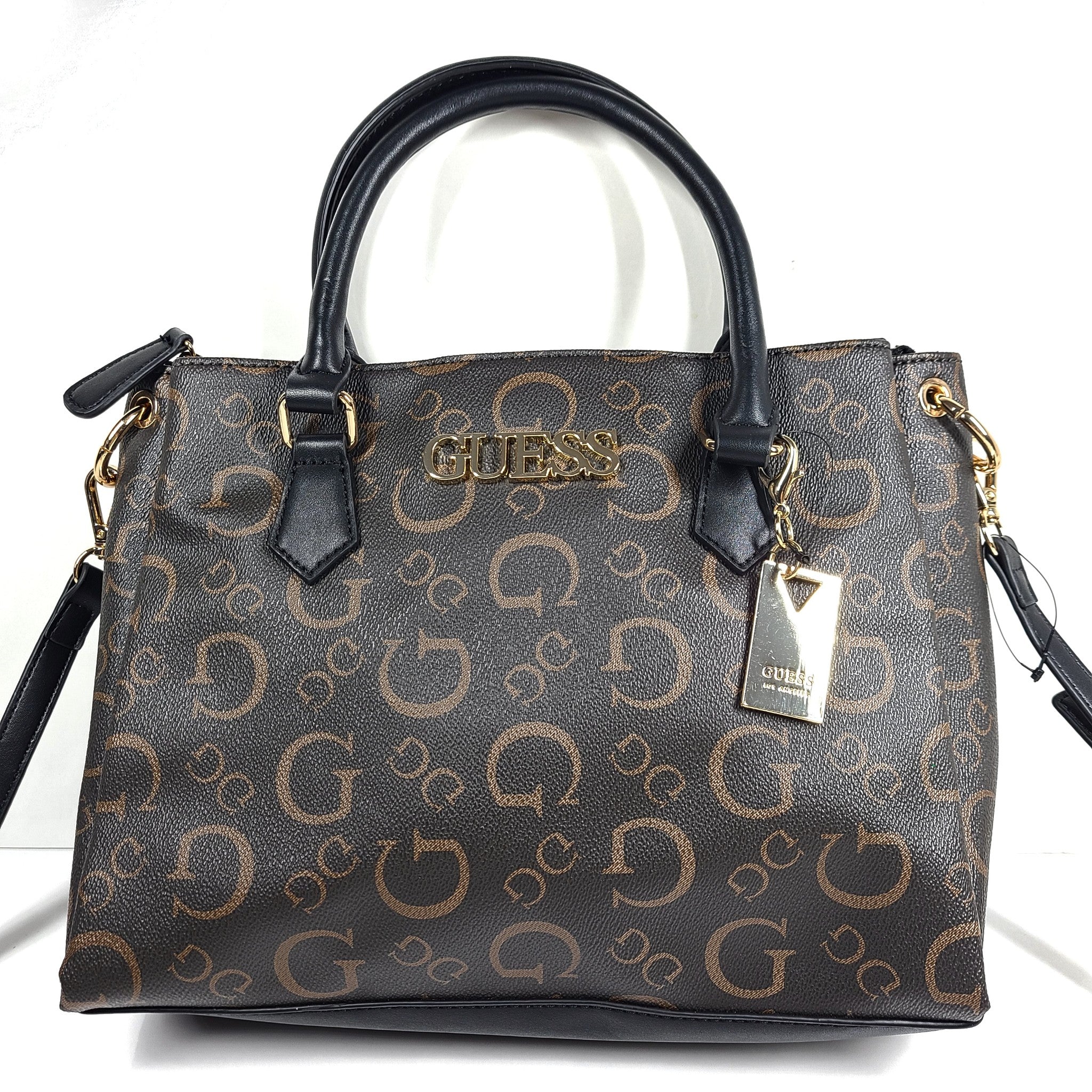 GUESS Evie Logo Satchel Bag Monogram Print Shoulder Strap SG863506 Brown