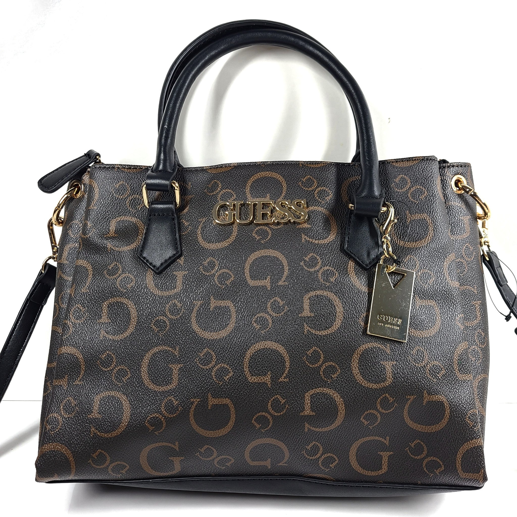 GUESS Evie Logo Satchel Bag Monogram Print Shoulder Strap SG863506 Brown