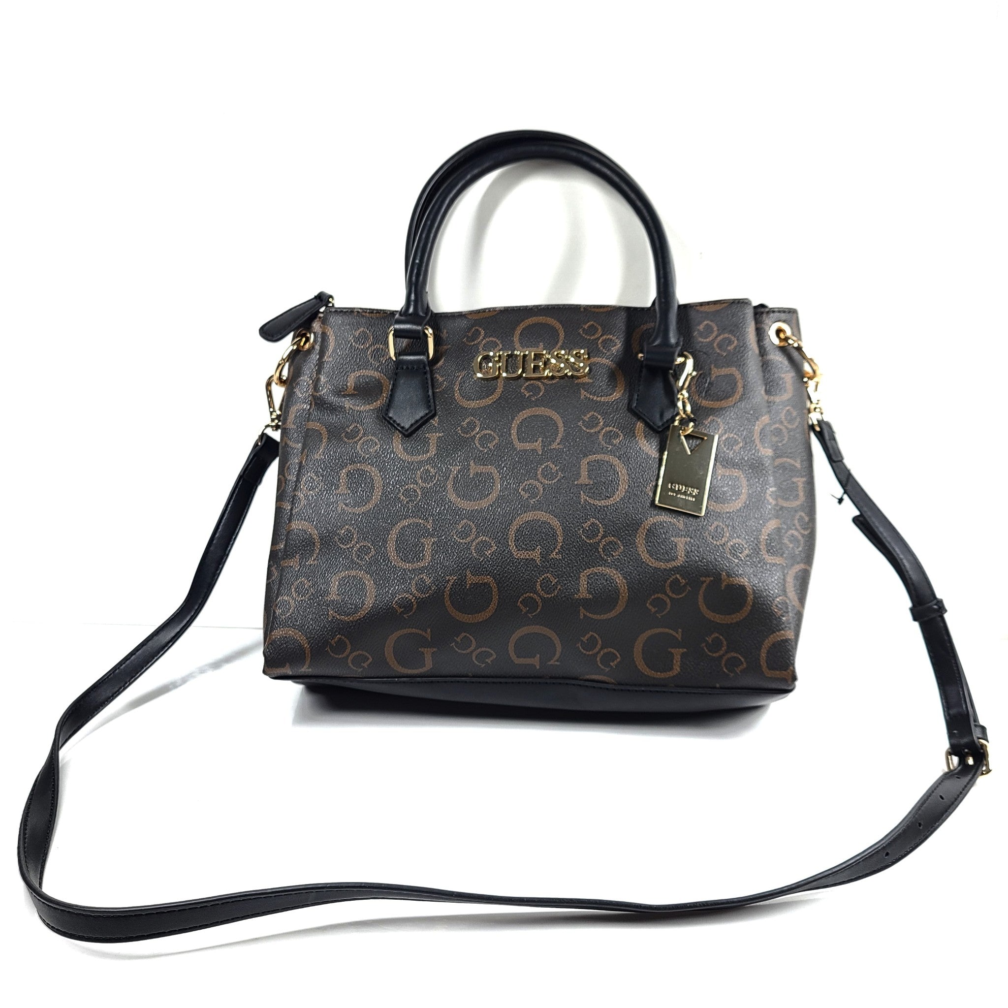 GUESS Evie Logo Satchel Bag Monogram Print Shoulder Strap SG863506 Brown