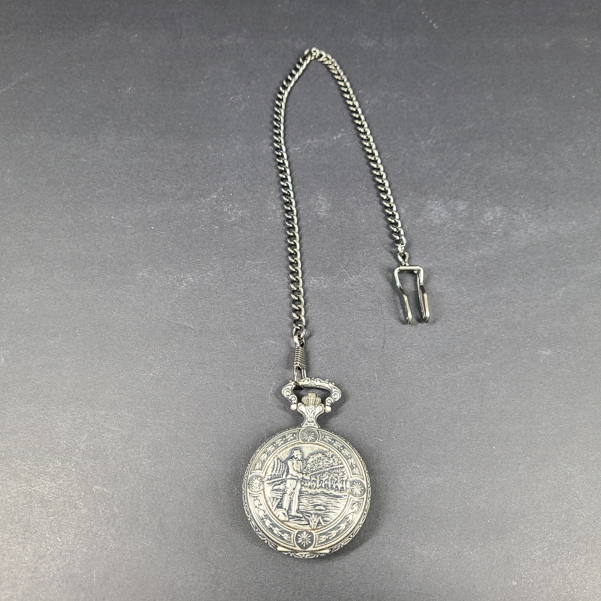 Dakota Pocket Watch Fisherman Cover Made in Japan - Silver Tone