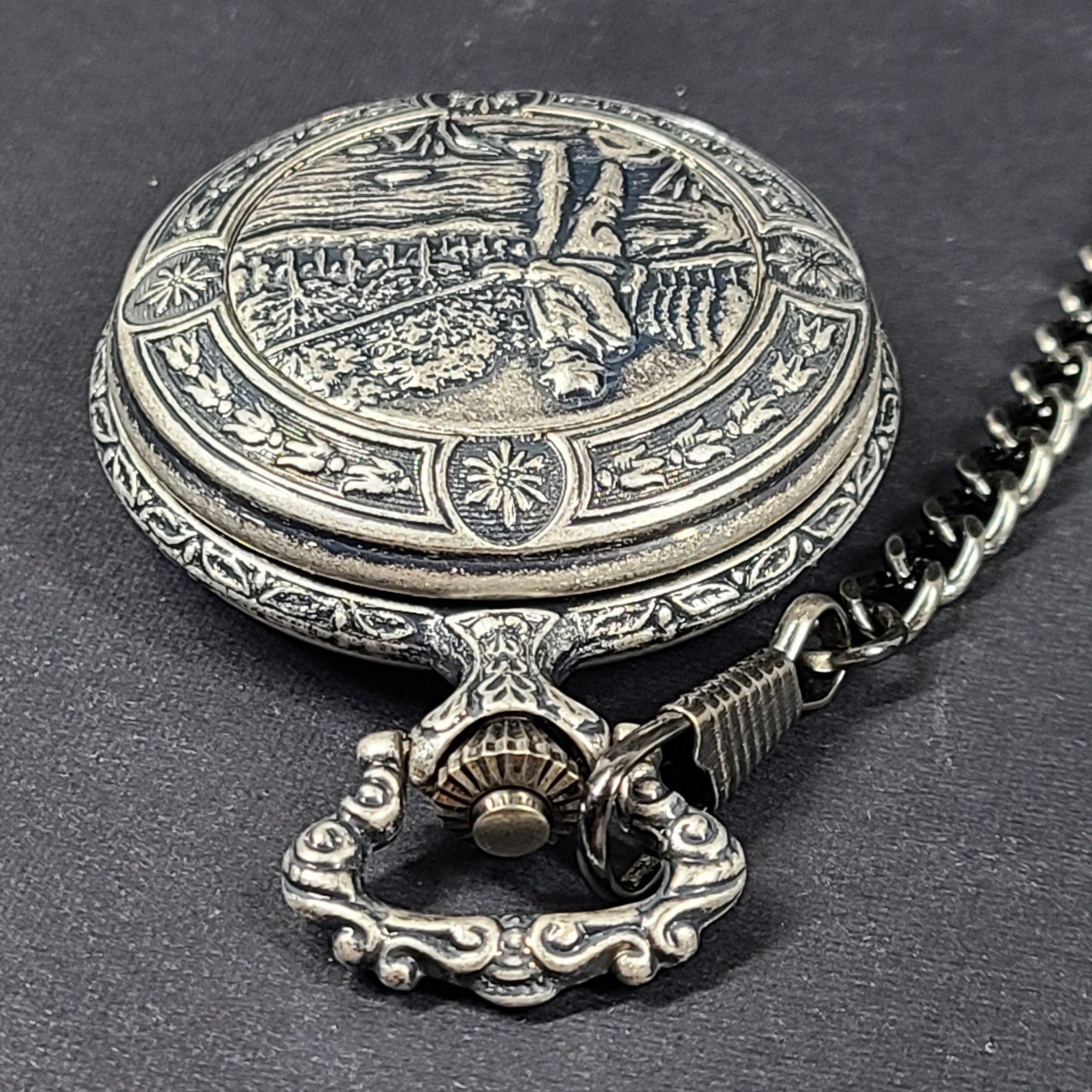 Dakota Pocket Watch Fisherman Cover Made in Japan - Silver Tone