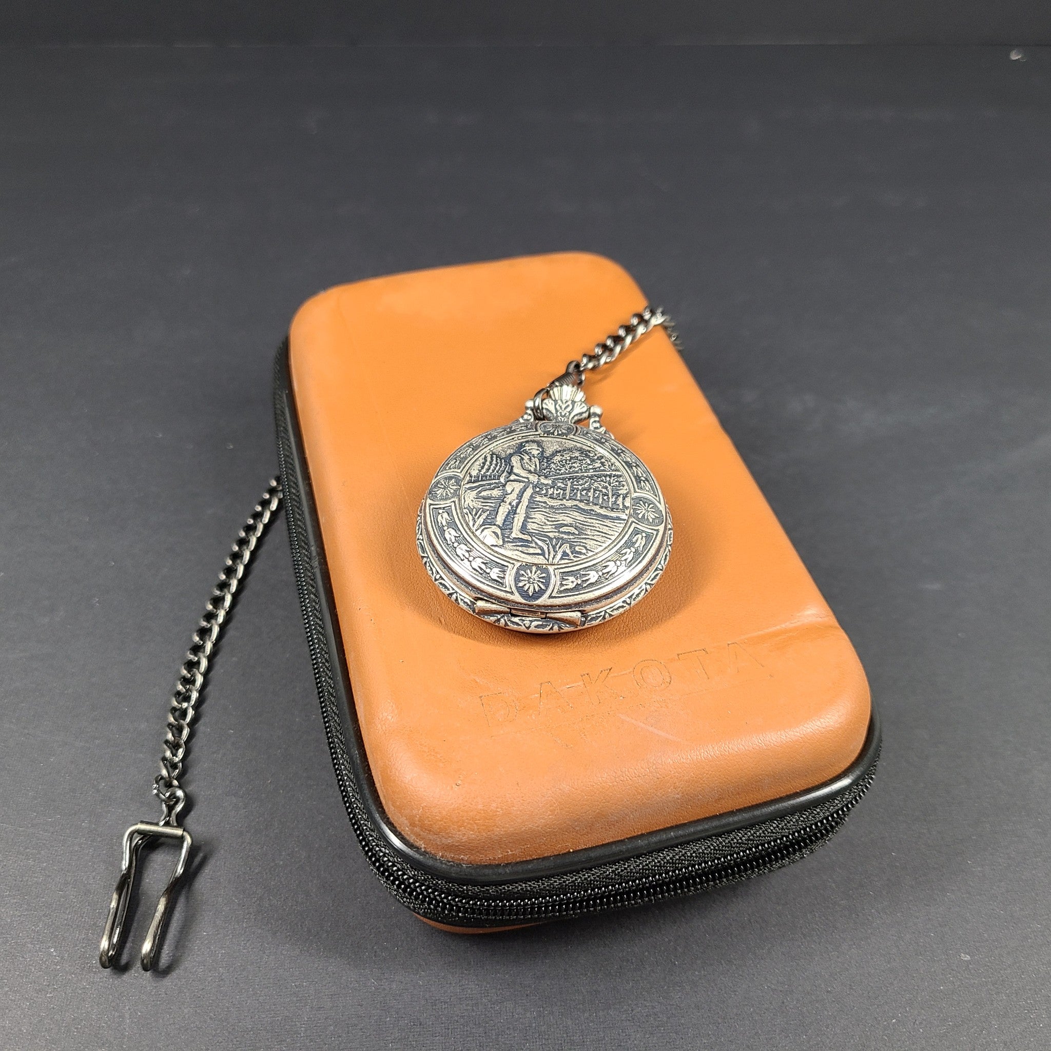 Dakota Pocket Watch Fisherman Cover Made in Japan - Silver Tone