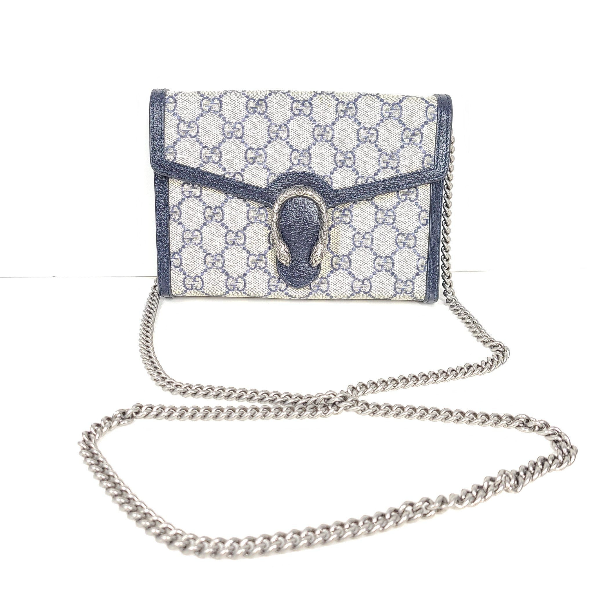 Gucci GG Supreme Dionysus Mini Chain Wallet Crossbody Bag WOC Navy Blue 401231