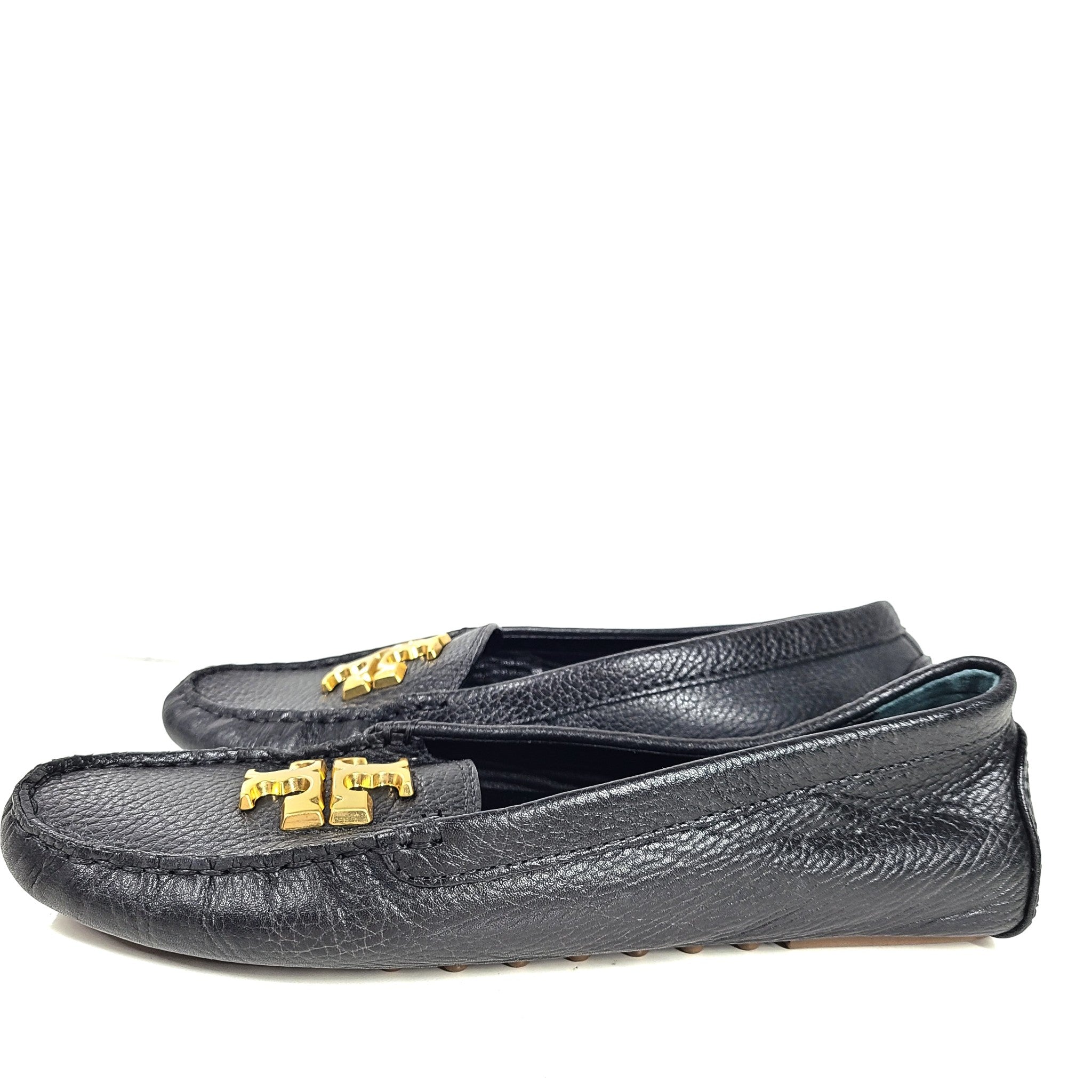 Tory Burch Everly Driver Loafers Slip-On Shoes Leather Gold Logo Black 9