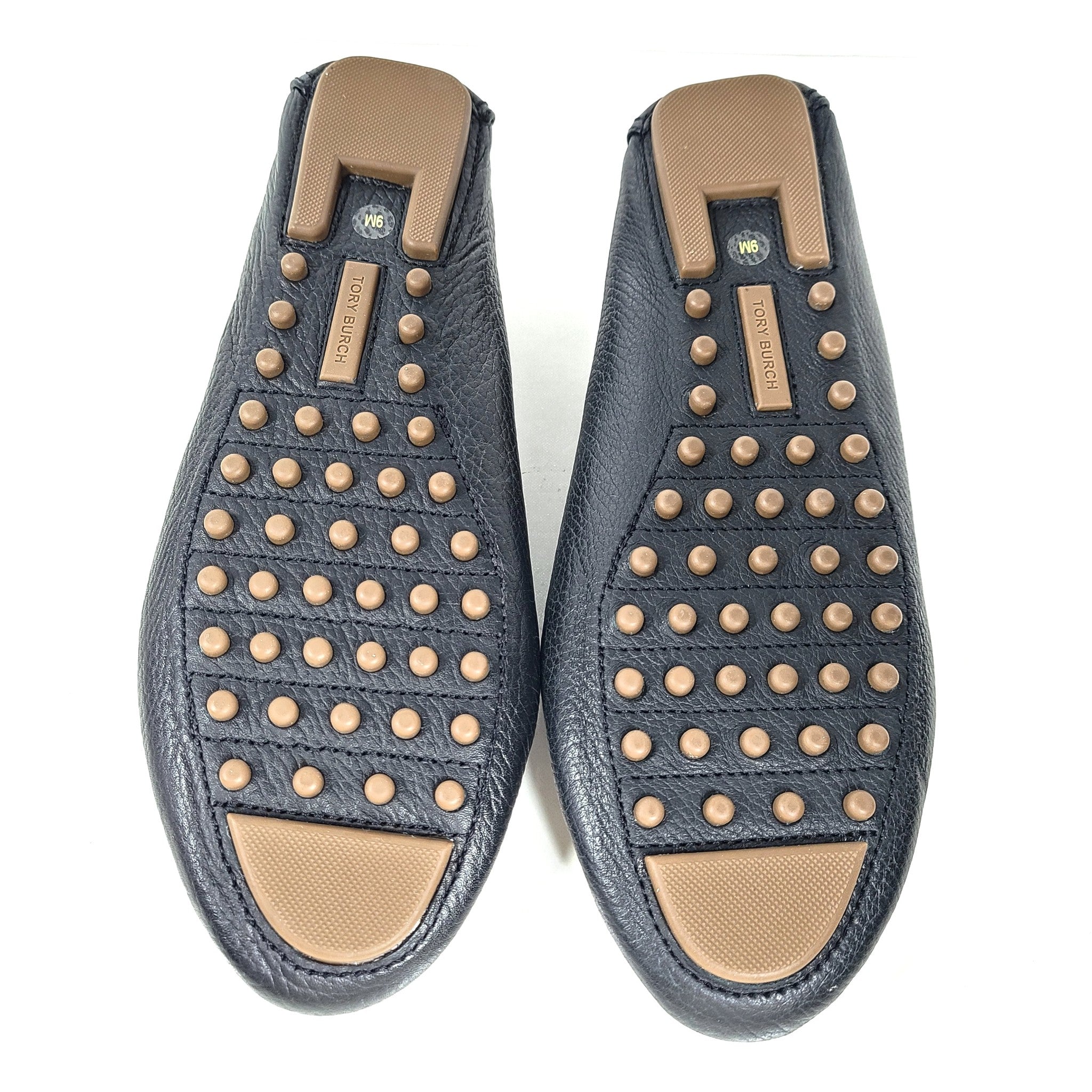 Tory Burch Everly Driver Loafers Slip-On Shoes Leather Gold Logo Black 9